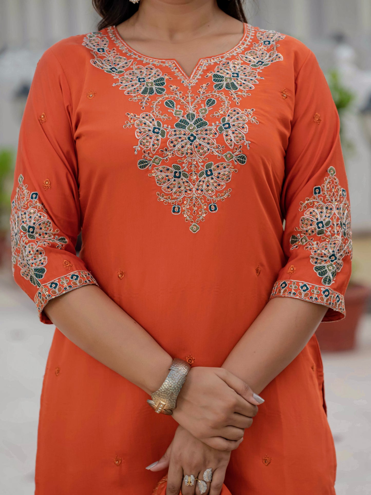 Premium Roman Silk orange colour  kurti