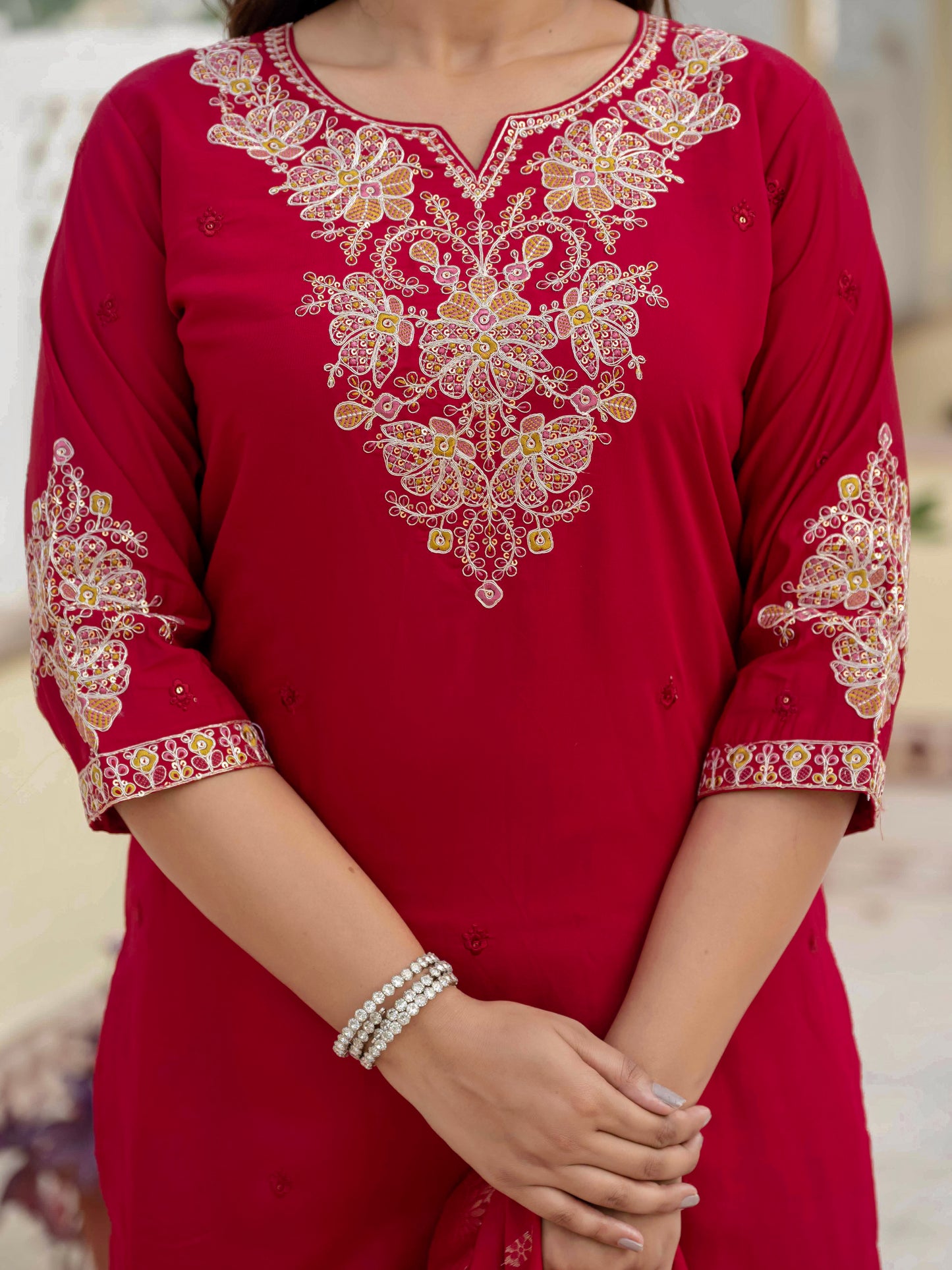Premium Roman Silk maroon  Kurti