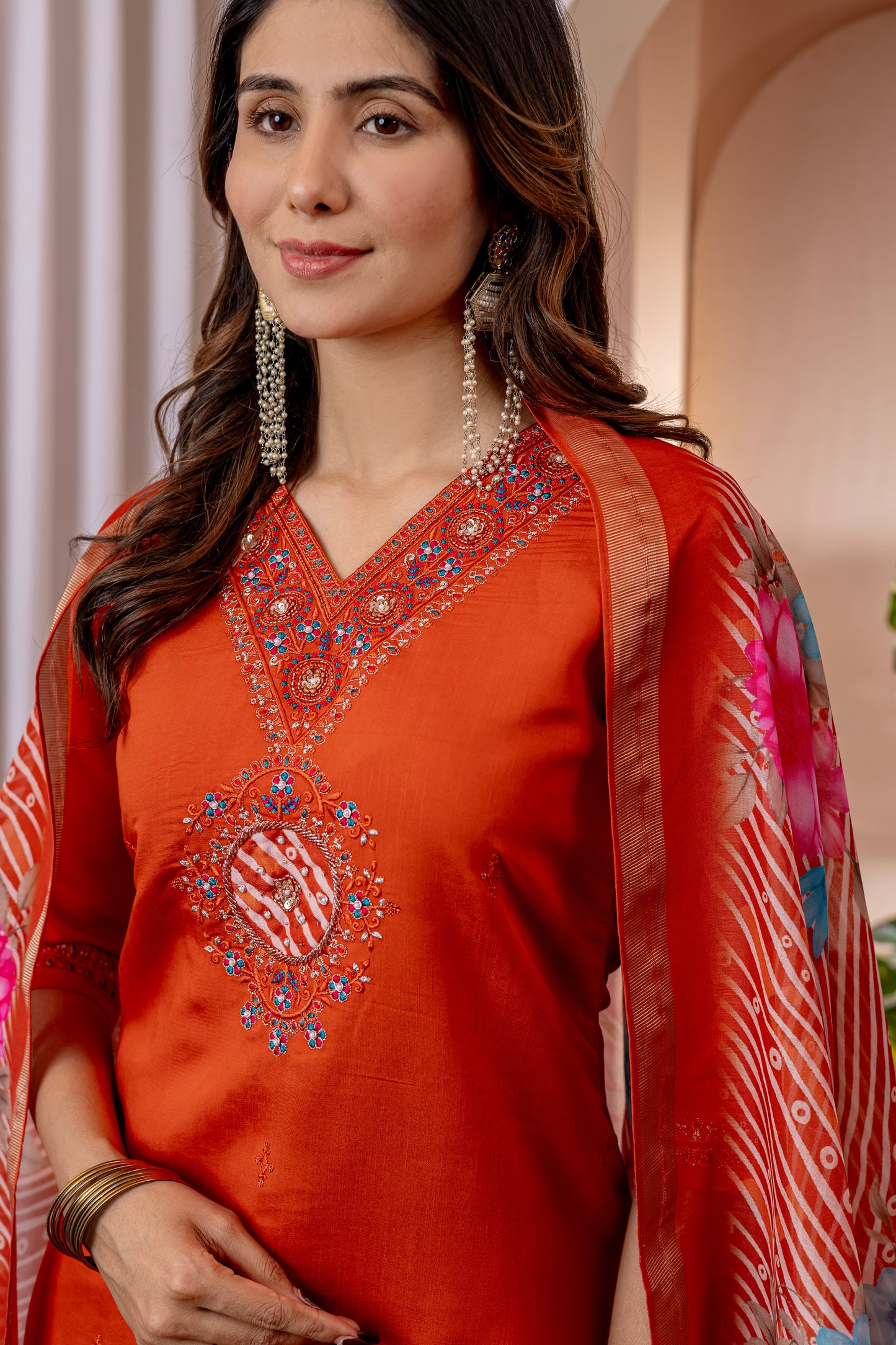 Marina Viscose Silk Orange colour Elegant Straight Kurti Pant Dupatta Set