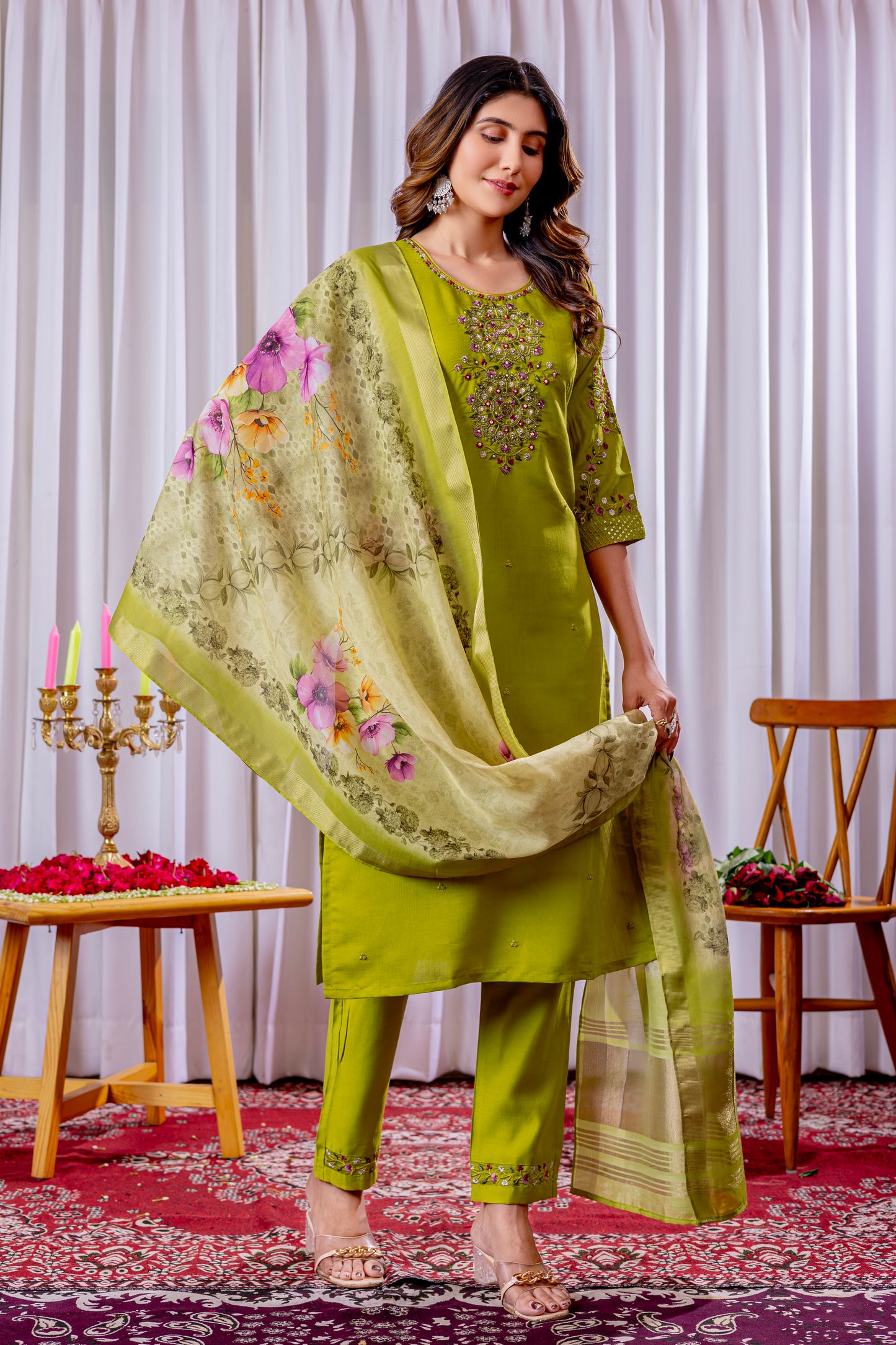 Viscose Silk paroot green colour Elegant Straight Kurti Pant Dupatta Set