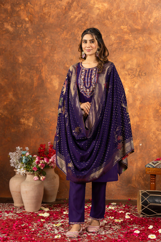 Multi Embroidery Thread With Hand Work Kurti pant  dupatta set Purple colour