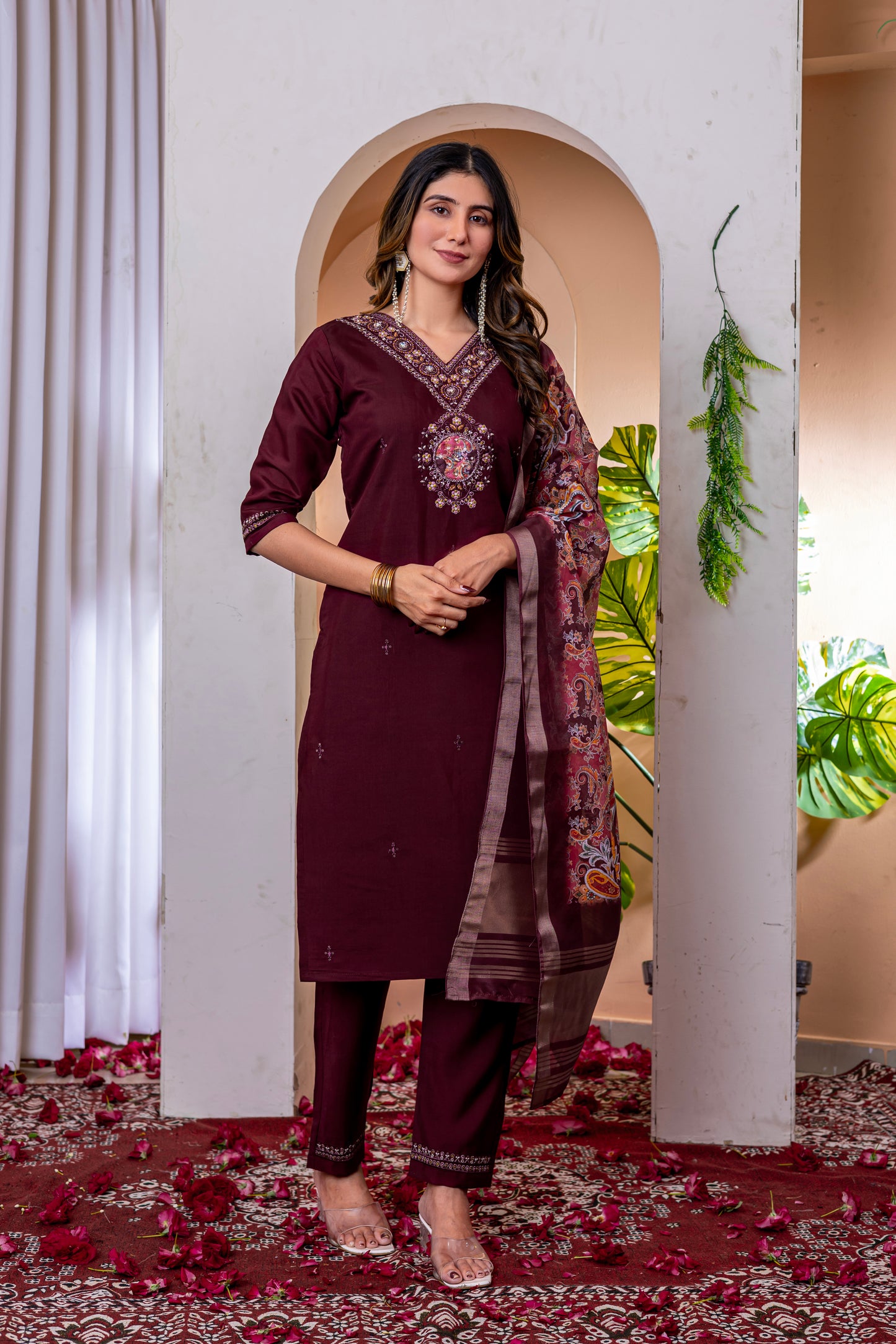 Marina Viscose Silk Wine Colour Elegant Straight Kurti Pant Dupatta Set
