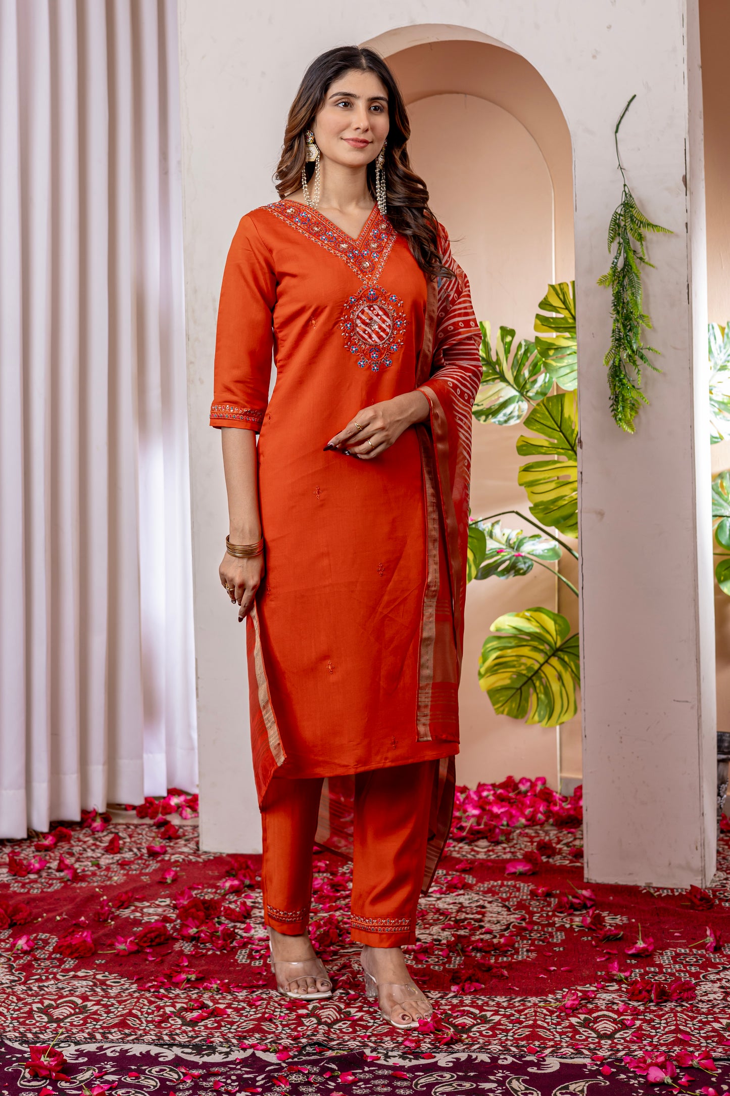 Marina Viscose Silk Orange colour Elegant Straight Kurti Pant Dupatta Set