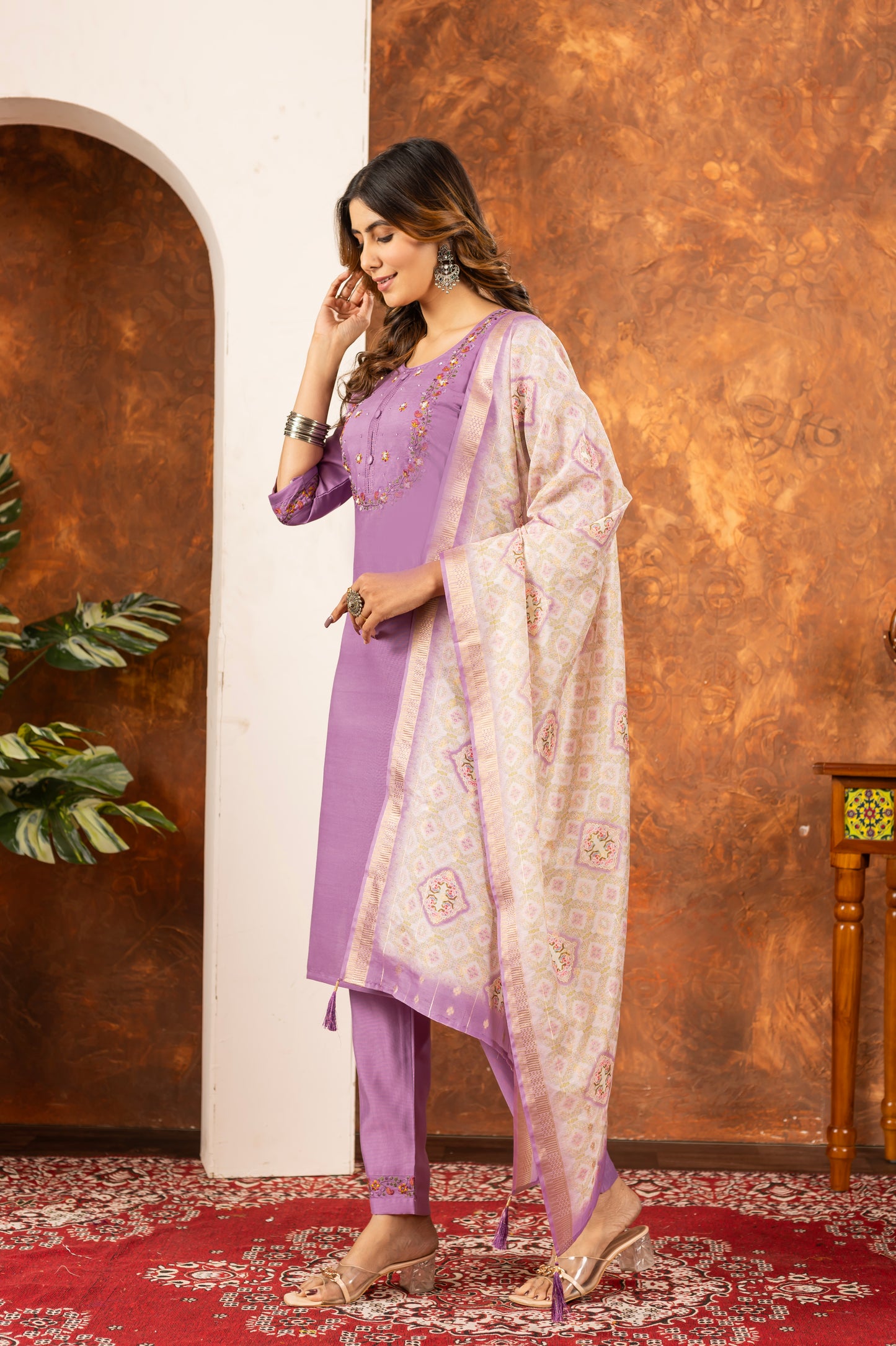 Elegant Straight Kurti Pant Dupatta Set Marina Silk Lavender colour