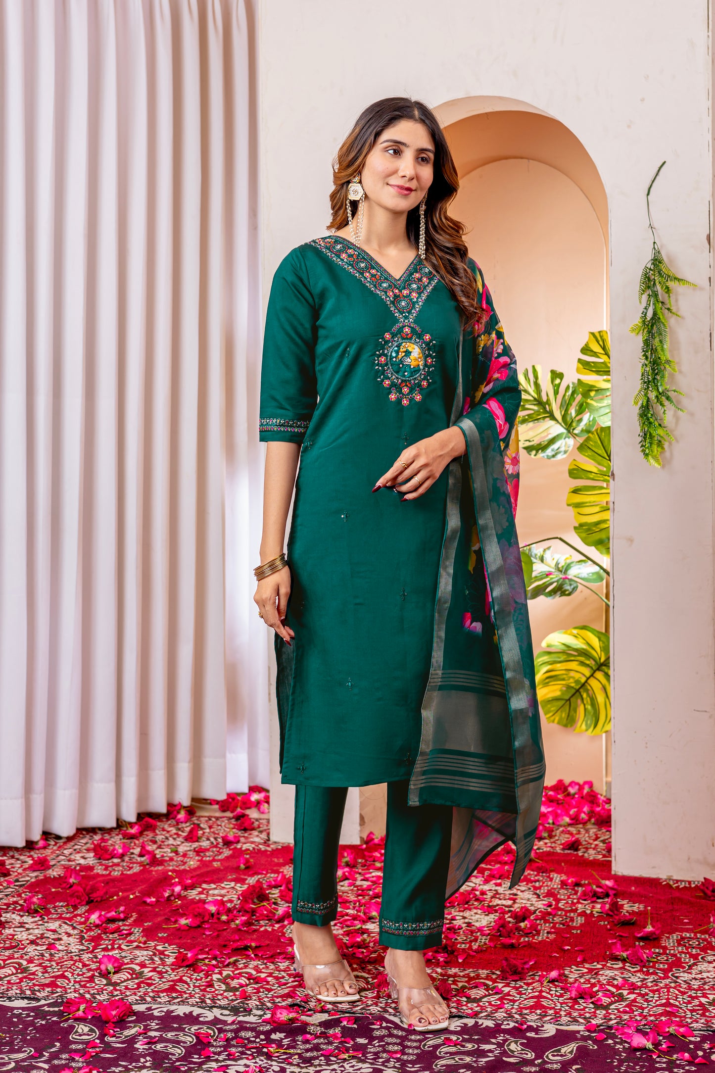 Marina Viscose Silk Green  Colour Elegant Straight Kurti Pant Dupatta Set