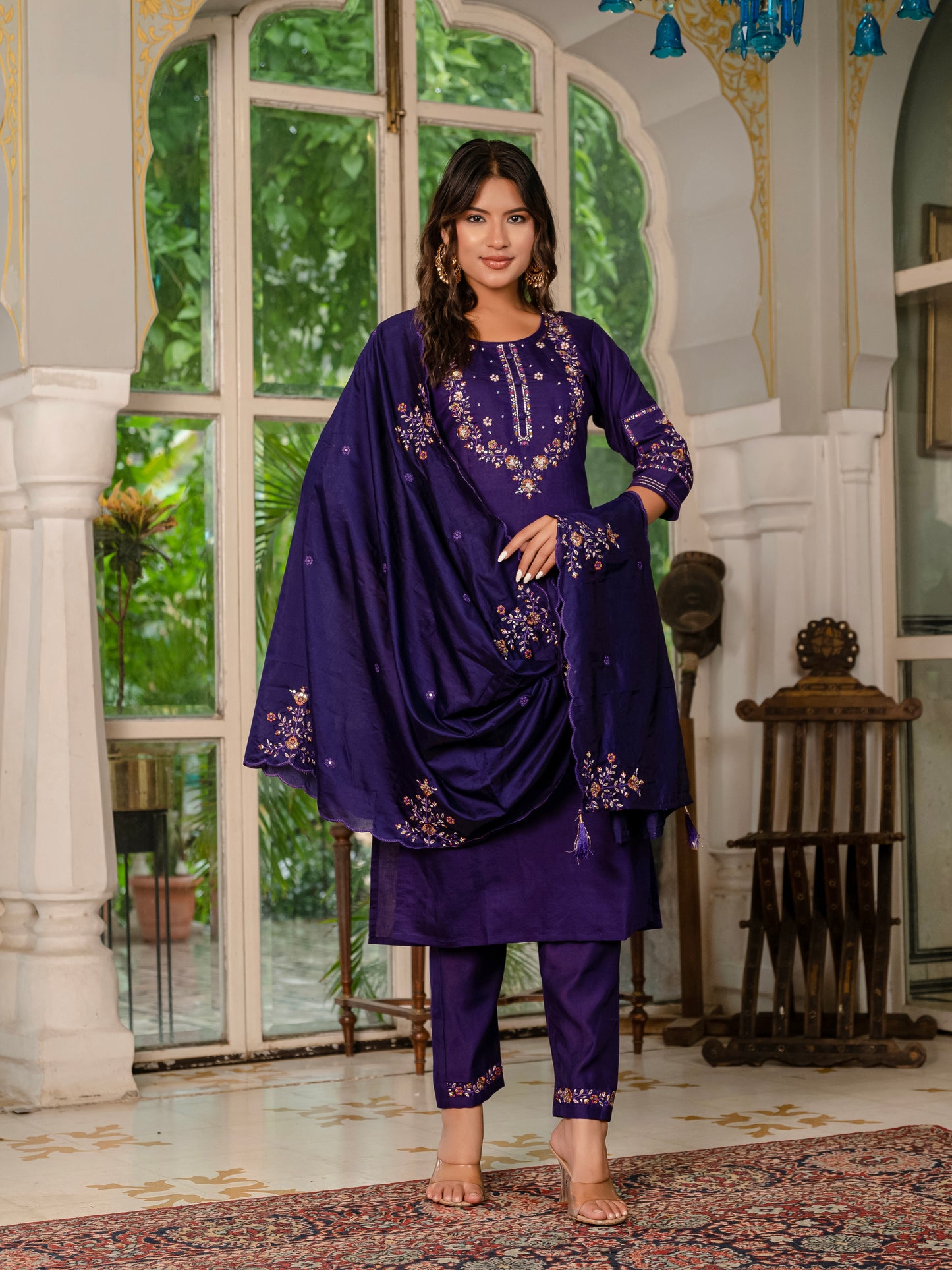 Marina Silk Violet Colour Elegant Straight Kurti Pant Dupatta Set