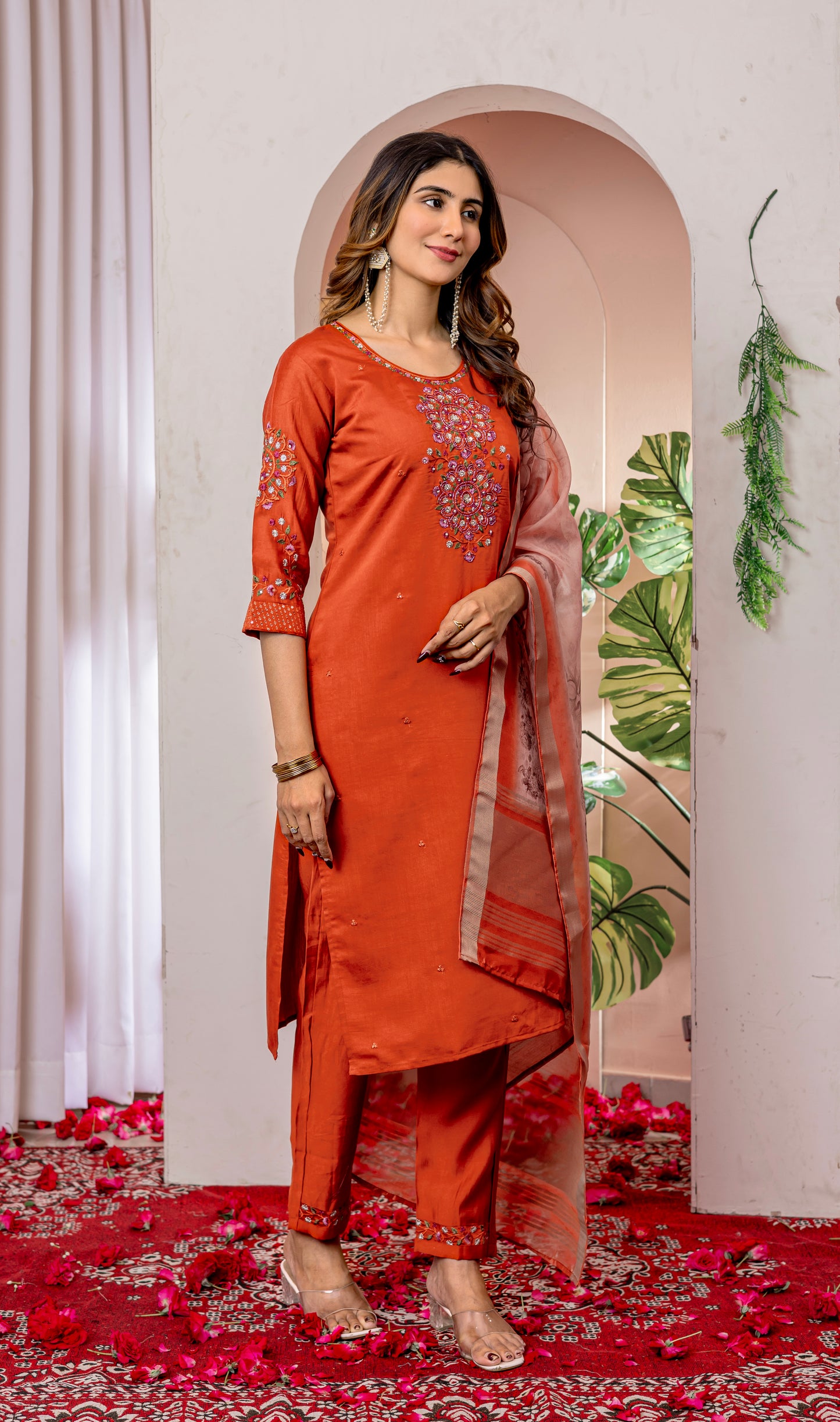 Viscose Silk orange colour  Elegant Straight Kurti Pant Dupatta Set