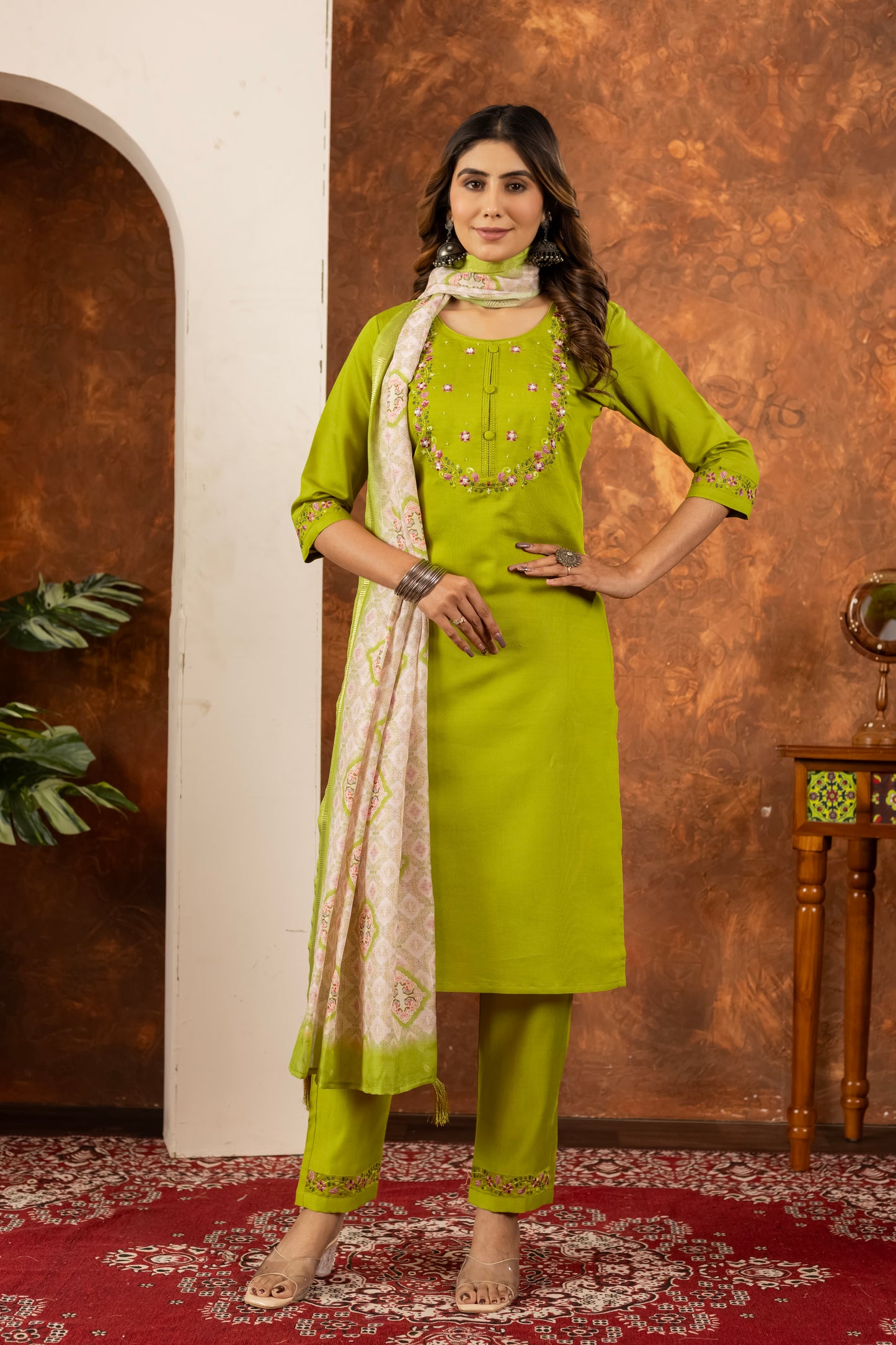 Elegant Straight Kurti Pant Dupatta Set Marina Silk Perot green colour