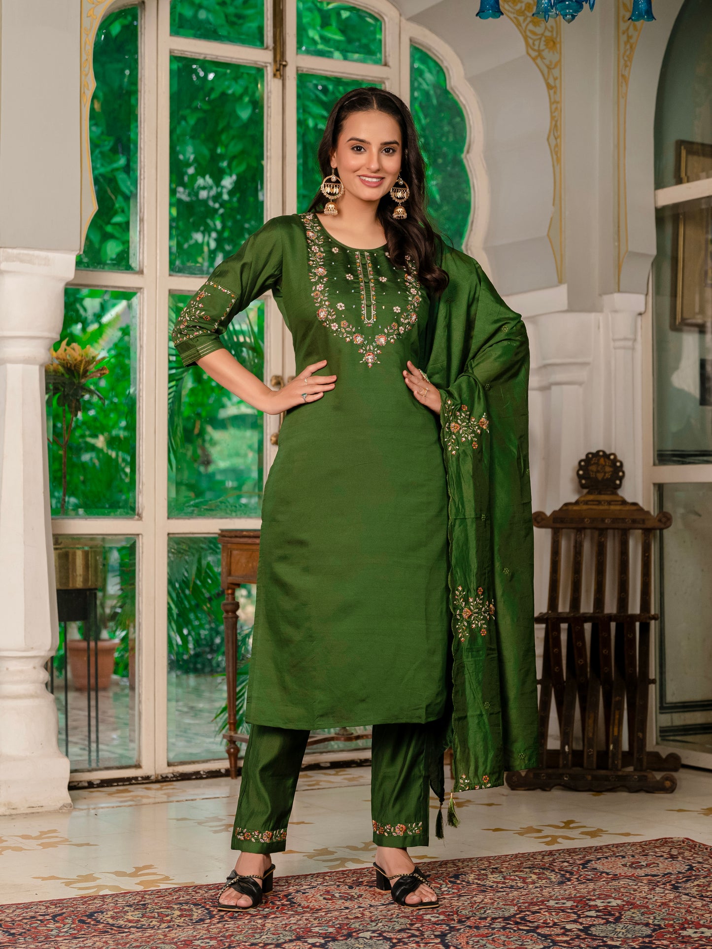 Marina Silk Mehndi Green Colour Elegant Straight Kurti Pant Dupatta Set