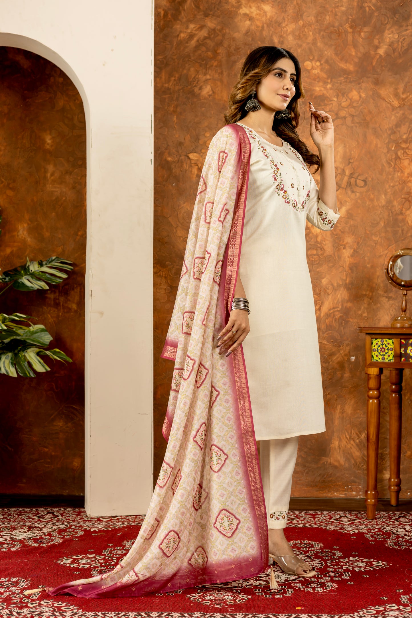 Elegant Straight Kurti Pant Dupatta Set Marina Silk Off White colour