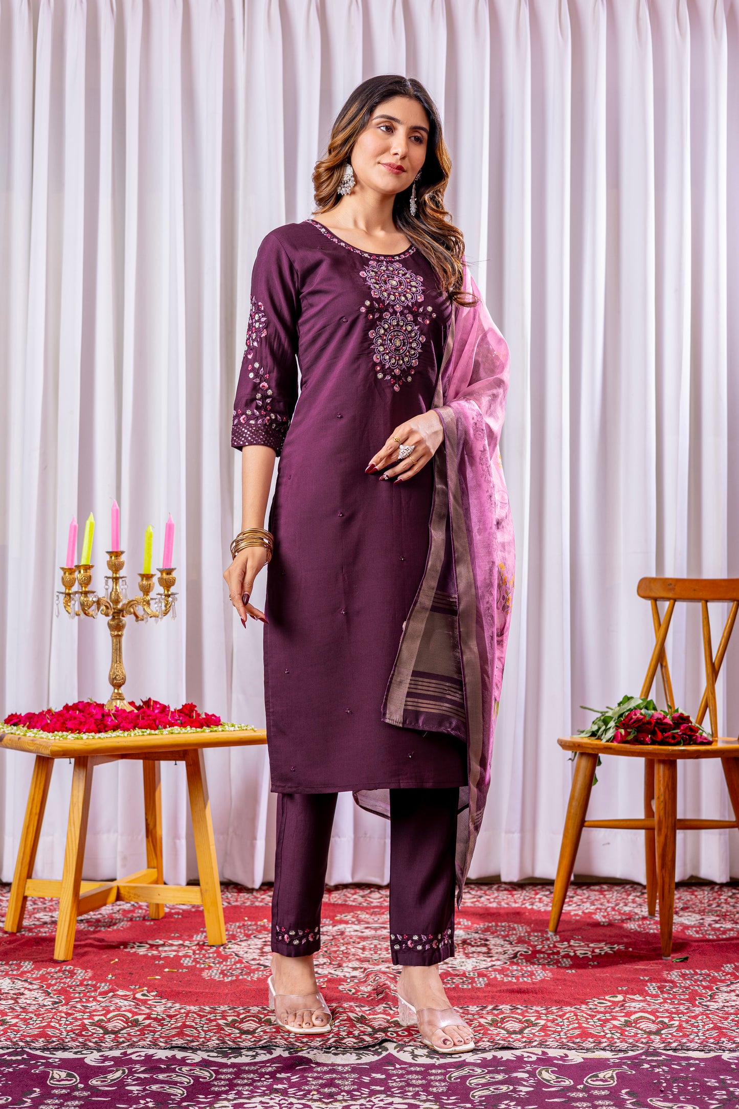 Viscose Silk Wine colour Elegant Straight Kurti Pant Dupatta Set