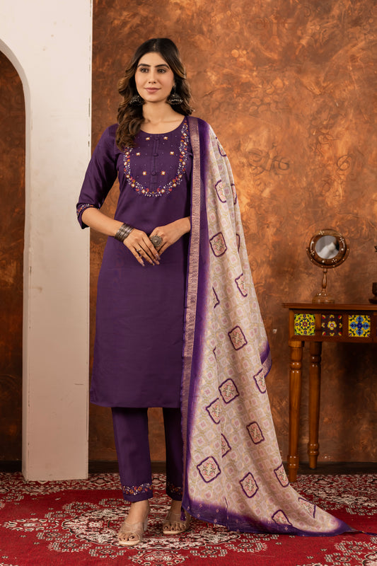 Elegant Straight Kurti Pant Dupatta Set Marina Silk Wine colour