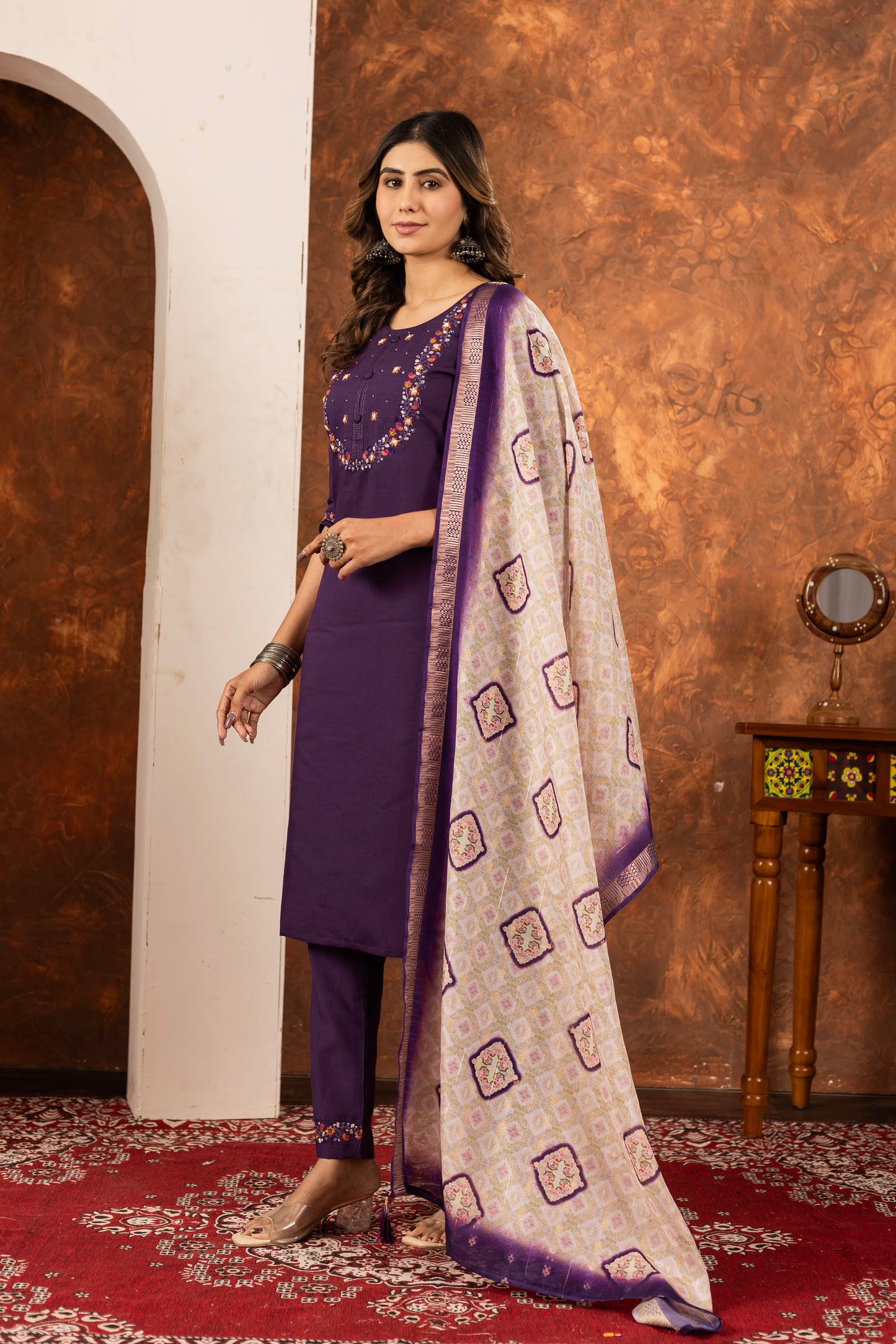 Elegant Straight Kurti Pant Dupatta Set Marina Silk Wine colour