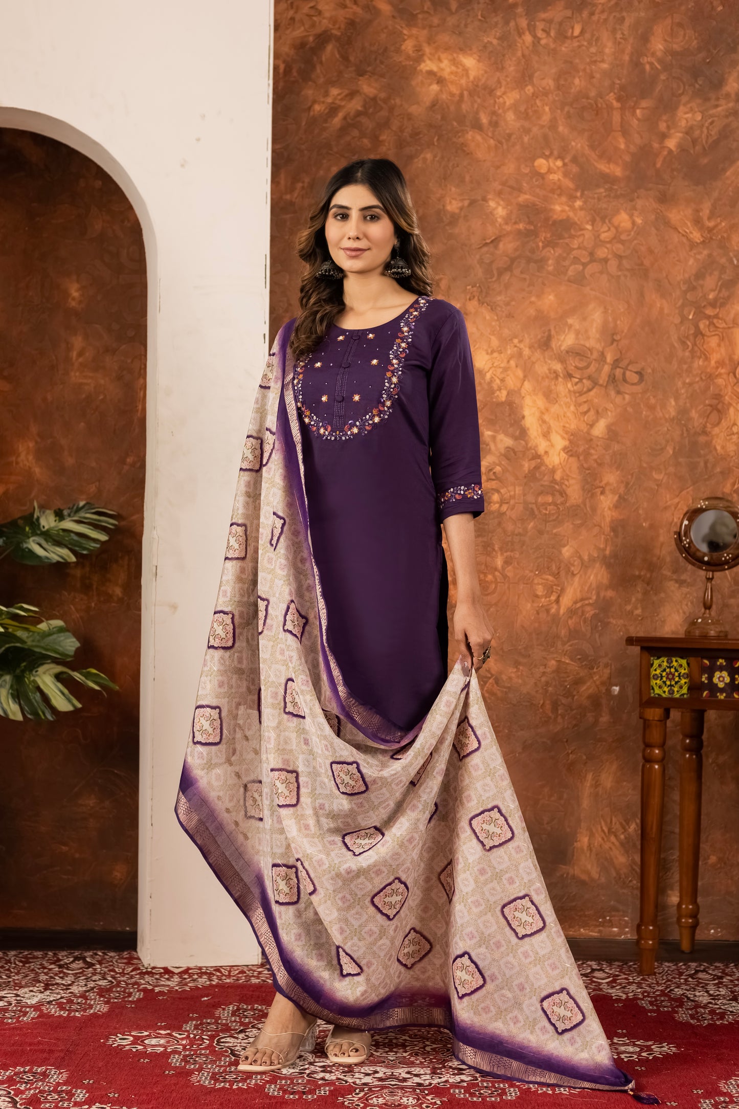 Elegant Straight Kurti Pant Dupatta Set Marina Silk Wine colour
