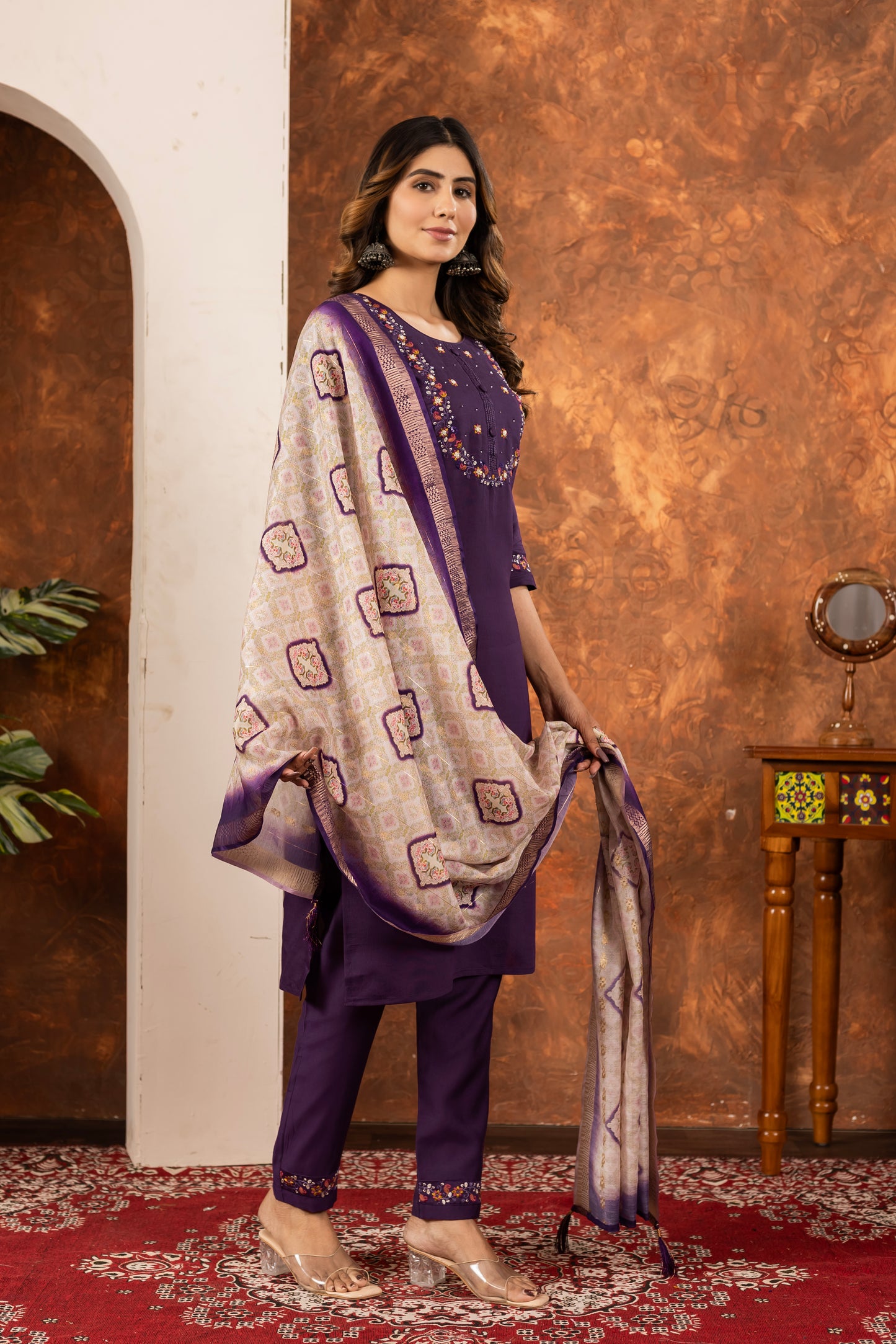 Elegant Straight Kurti Pant Dupatta Set Marina Silk Wine colour