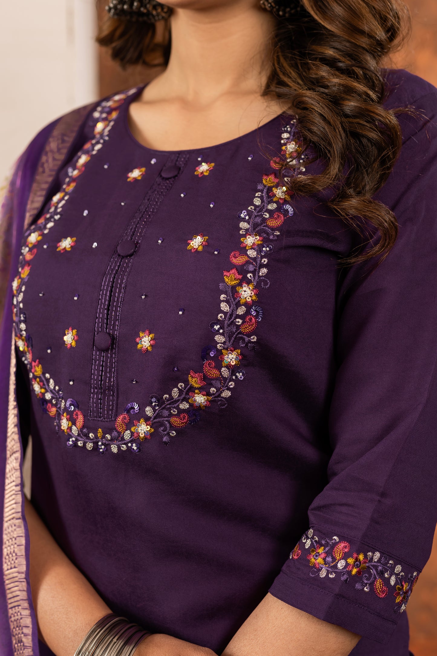 Elegant Straight Kurti Pant Dupatta Set Marina Silk Wine colour