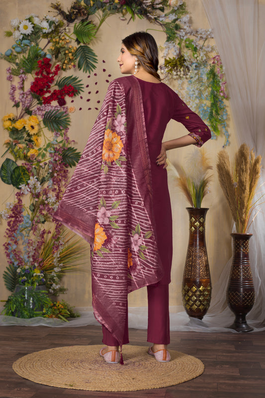 Roman Silk cerise colour  Elegant Straight Kurti Pant Dupatta Set