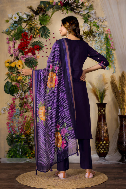 Roman Silk Purple colour Elegant Straight Kurti Pant Dupatta Set