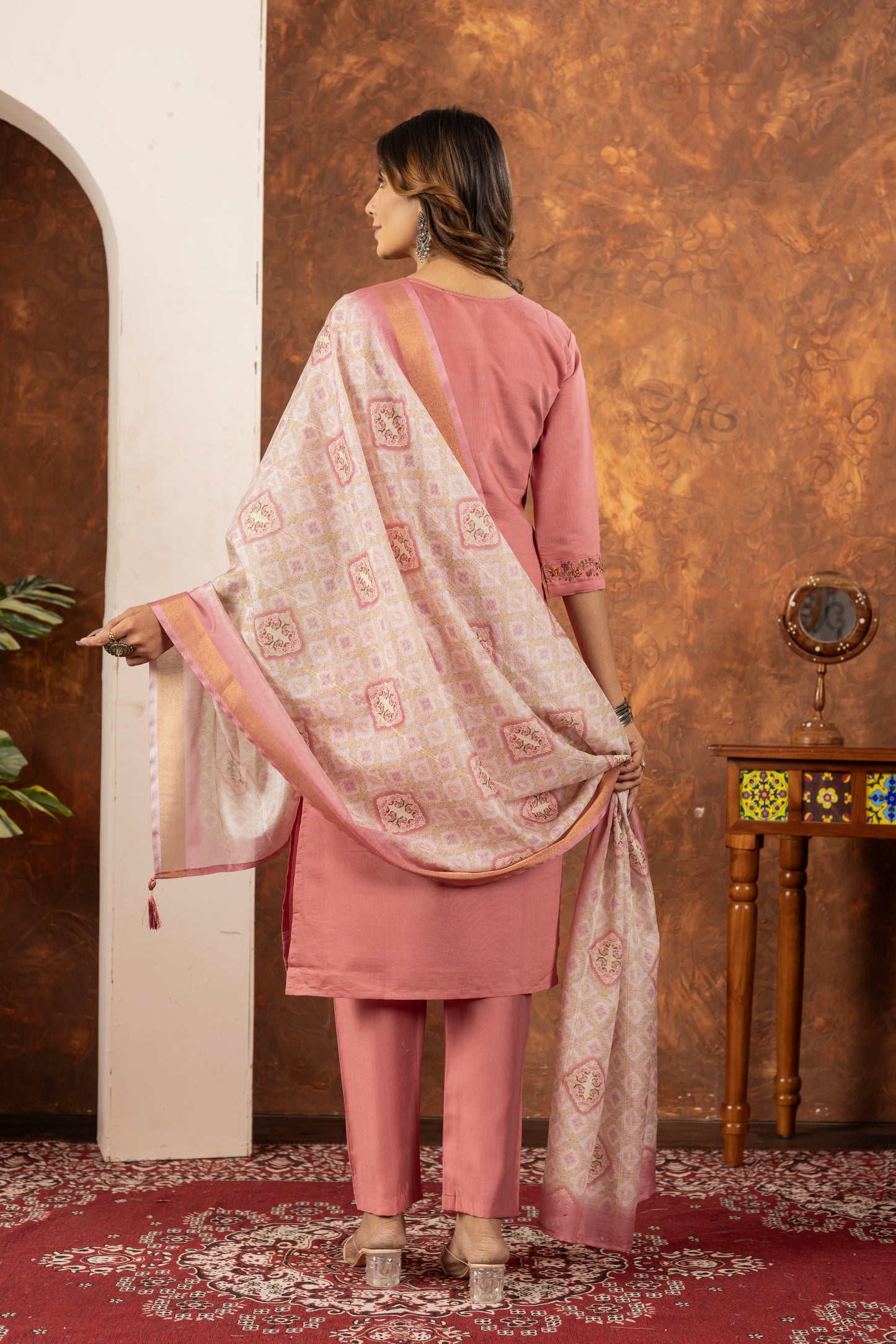 Elegant Straight Kurti Pant Dupatta Set  Marina Silk Peach color