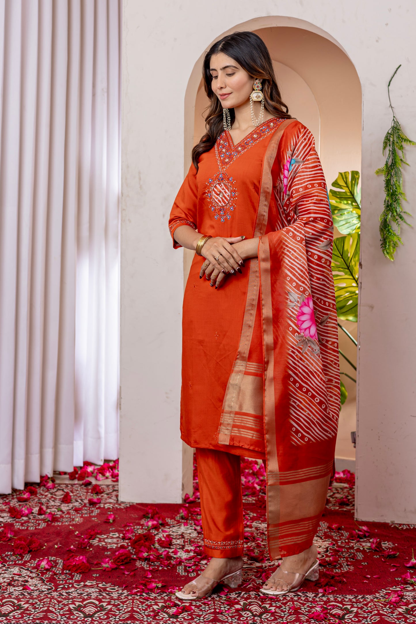 Marina Viscose Silk Orange colour Elegant Straight Kurti Pant Dupatta Set