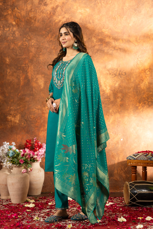 Multi Embroidery Thread With Hand Work Kurti pant  dupatta set Rama Green colour