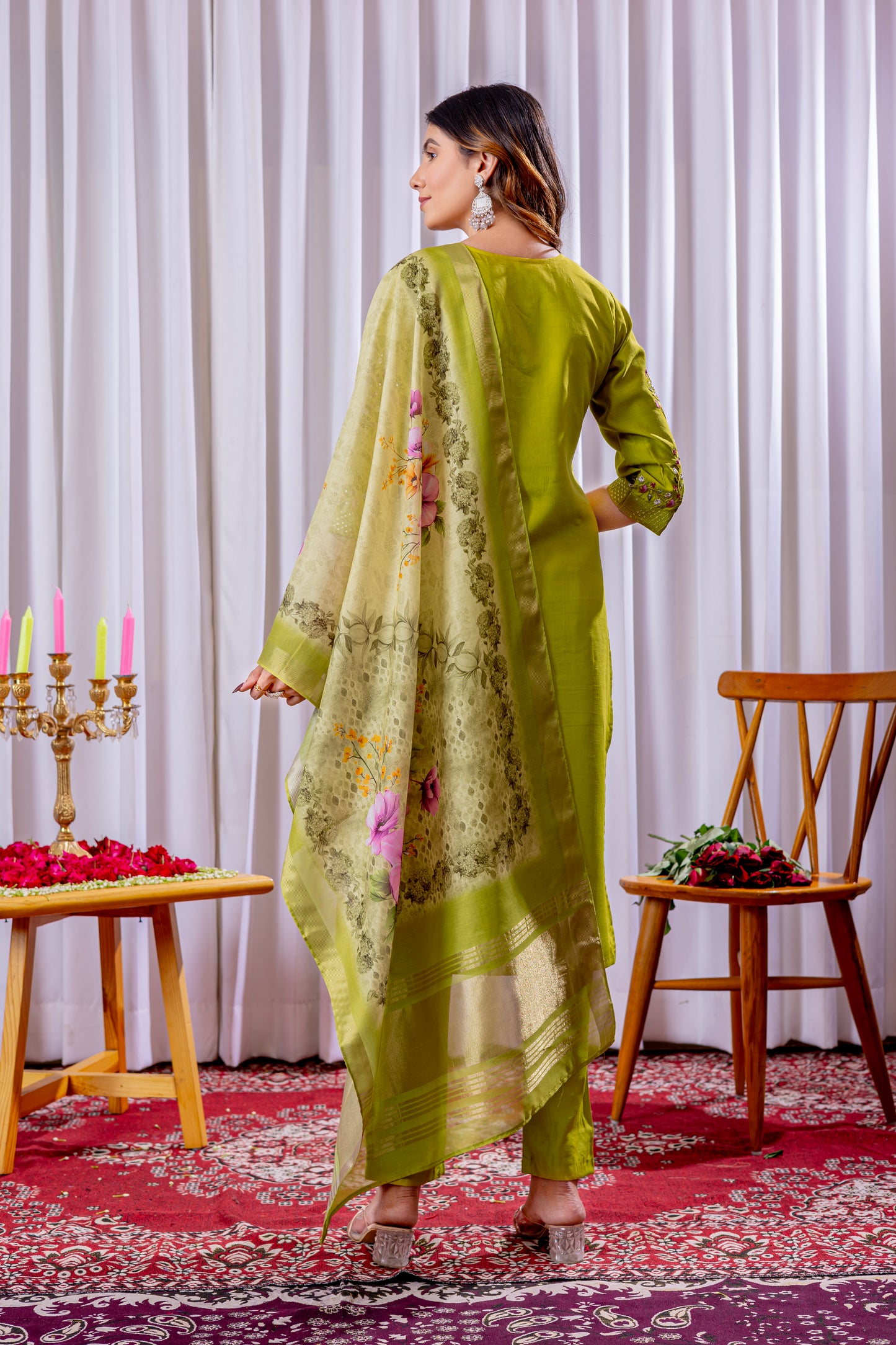 Viscose Silk paroot green colour Elegant Straight Kurti Pant Dupatta Set