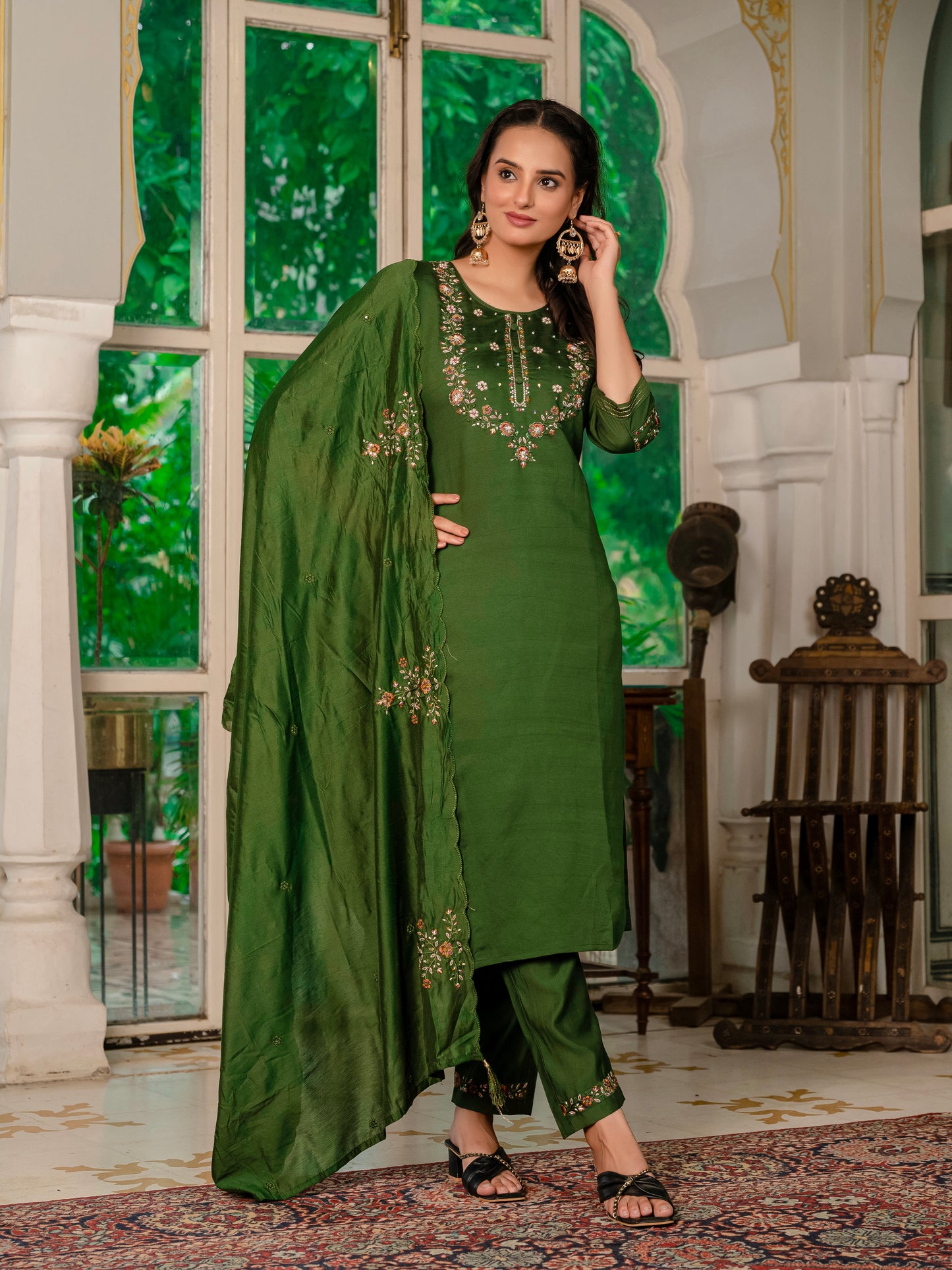 Marina Silk Mehndi Green Colour Elegant Straight Kurti Pant Dupatta Set