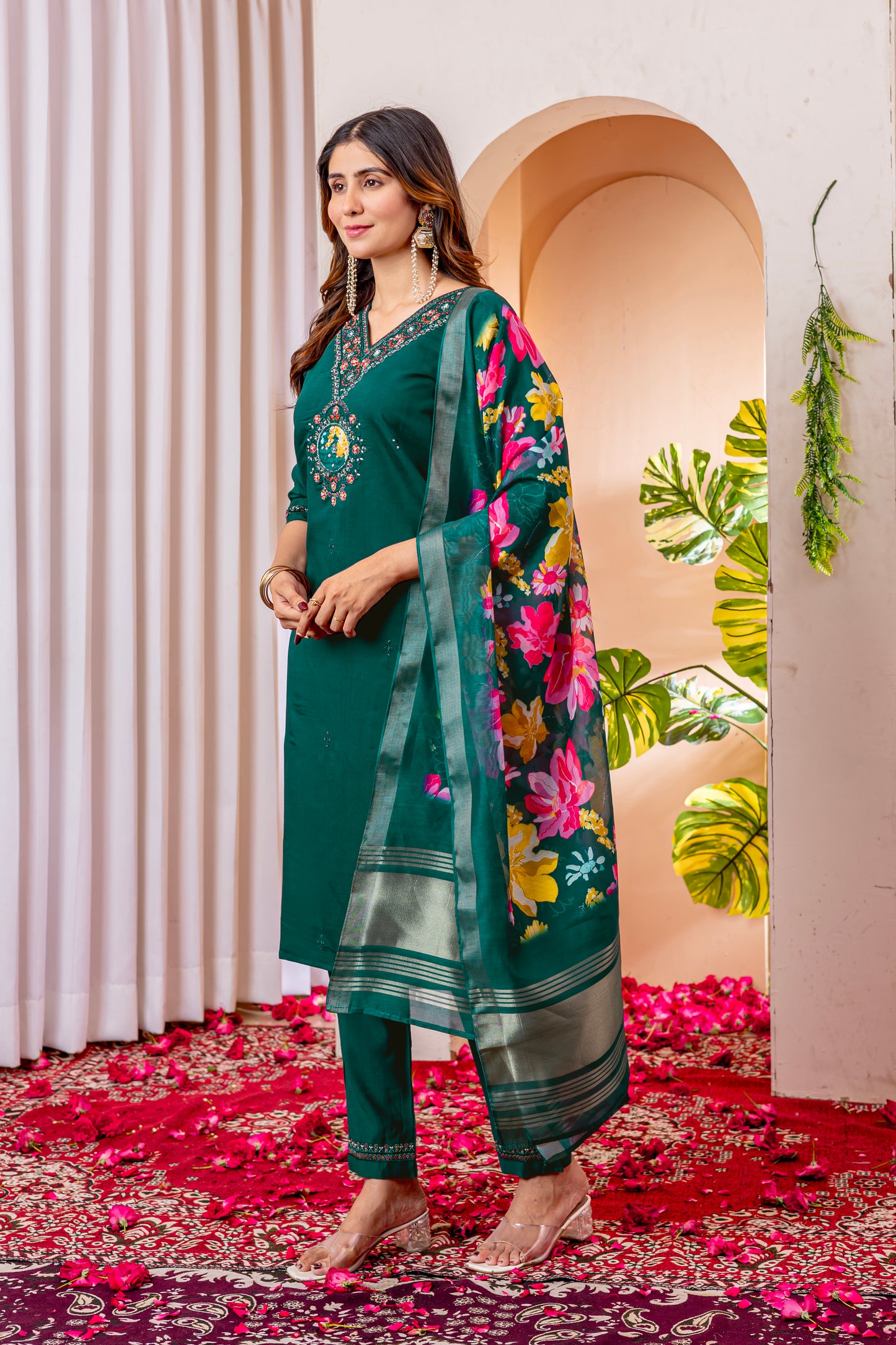 Marina Viscose Silk Green  Colour Elegant Straight Kurti Pant Dupatta Set