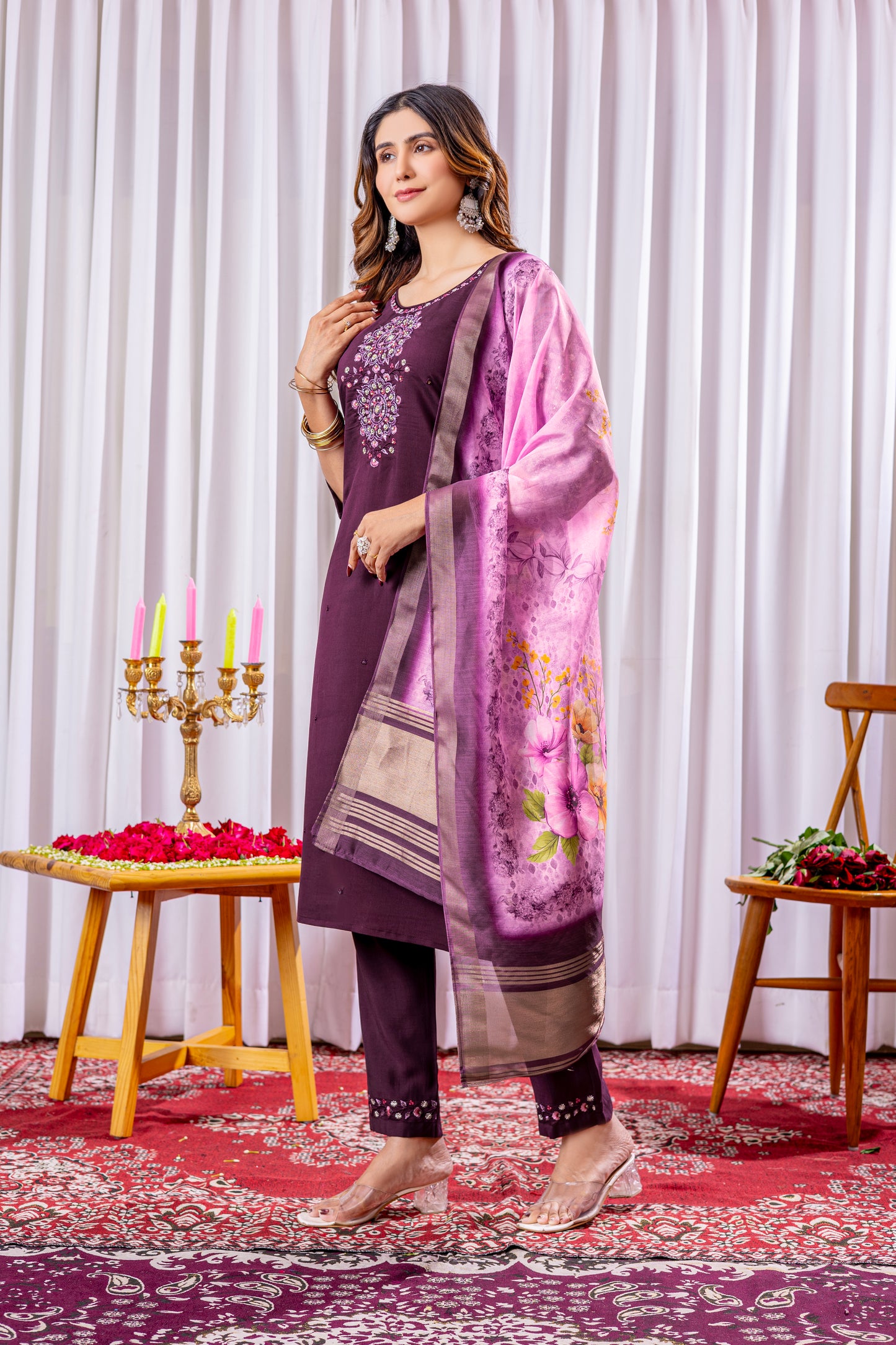 Viscose Silk Wine colour Elegant Straight Kurti Pant Dupatta Set
