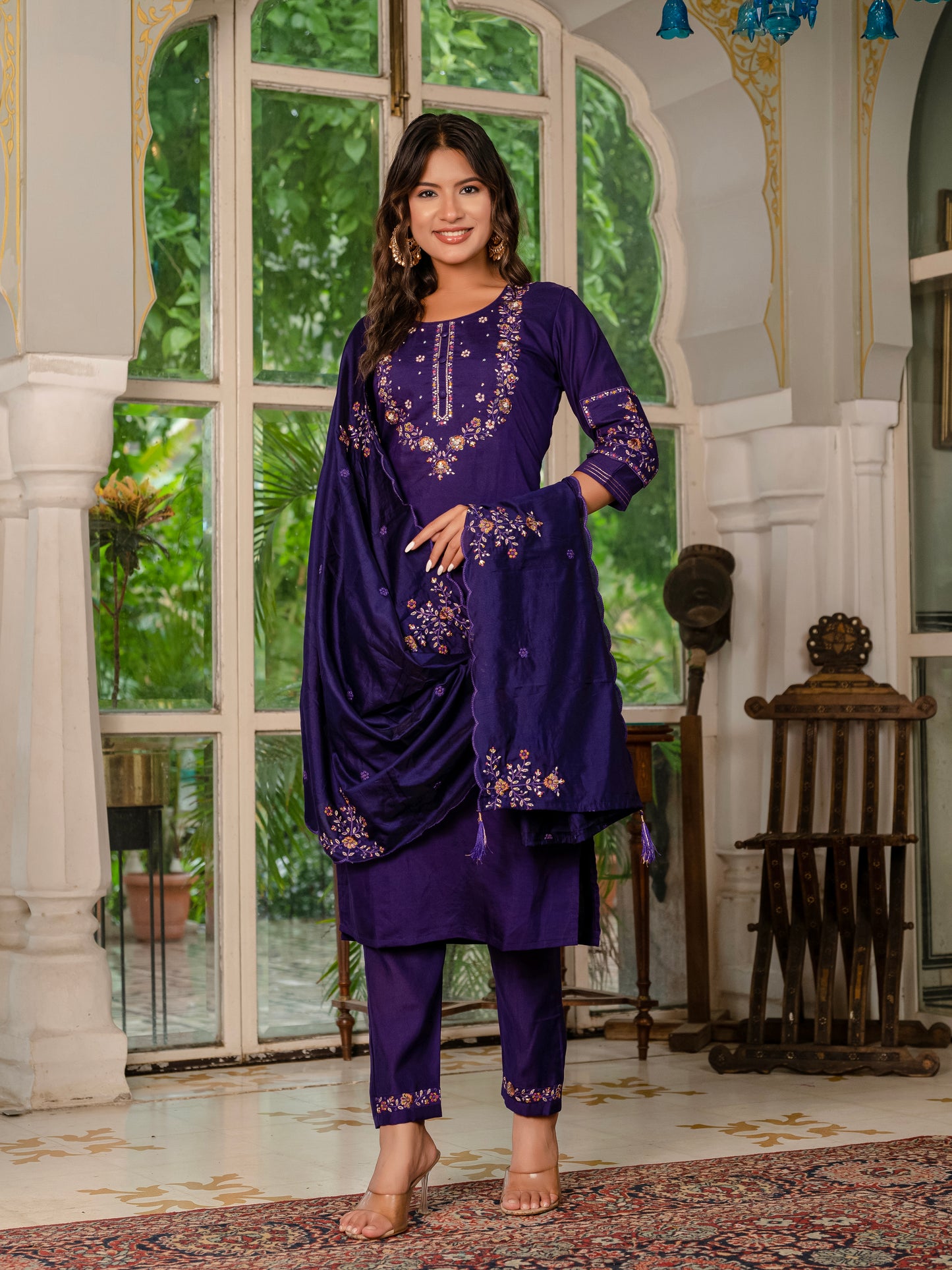 Marina Silk Violet Colour Elegant Straight Kurti Pant Dupatta Set