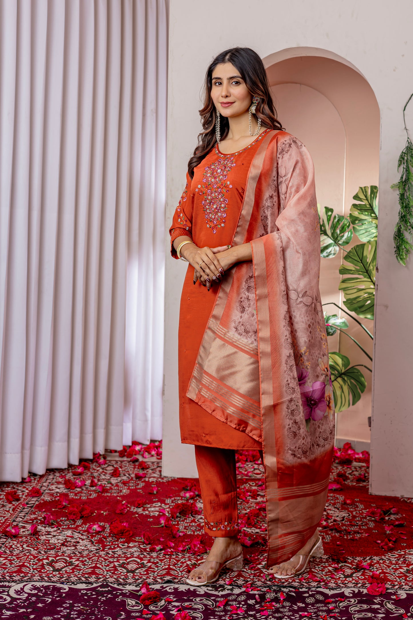 Viscose Silk orange colour  Elegant Straight Kurti Pant Dupatta Set