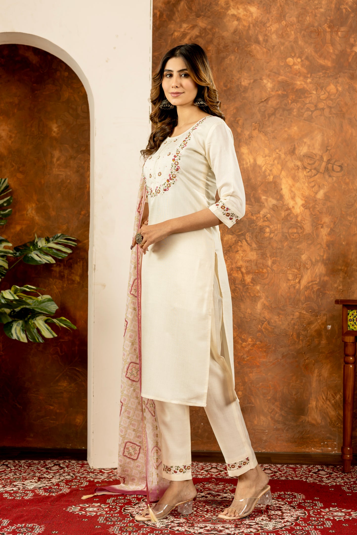 Elegant Straight Kurti Pant Dupatta Set Marina Silk Off White colour