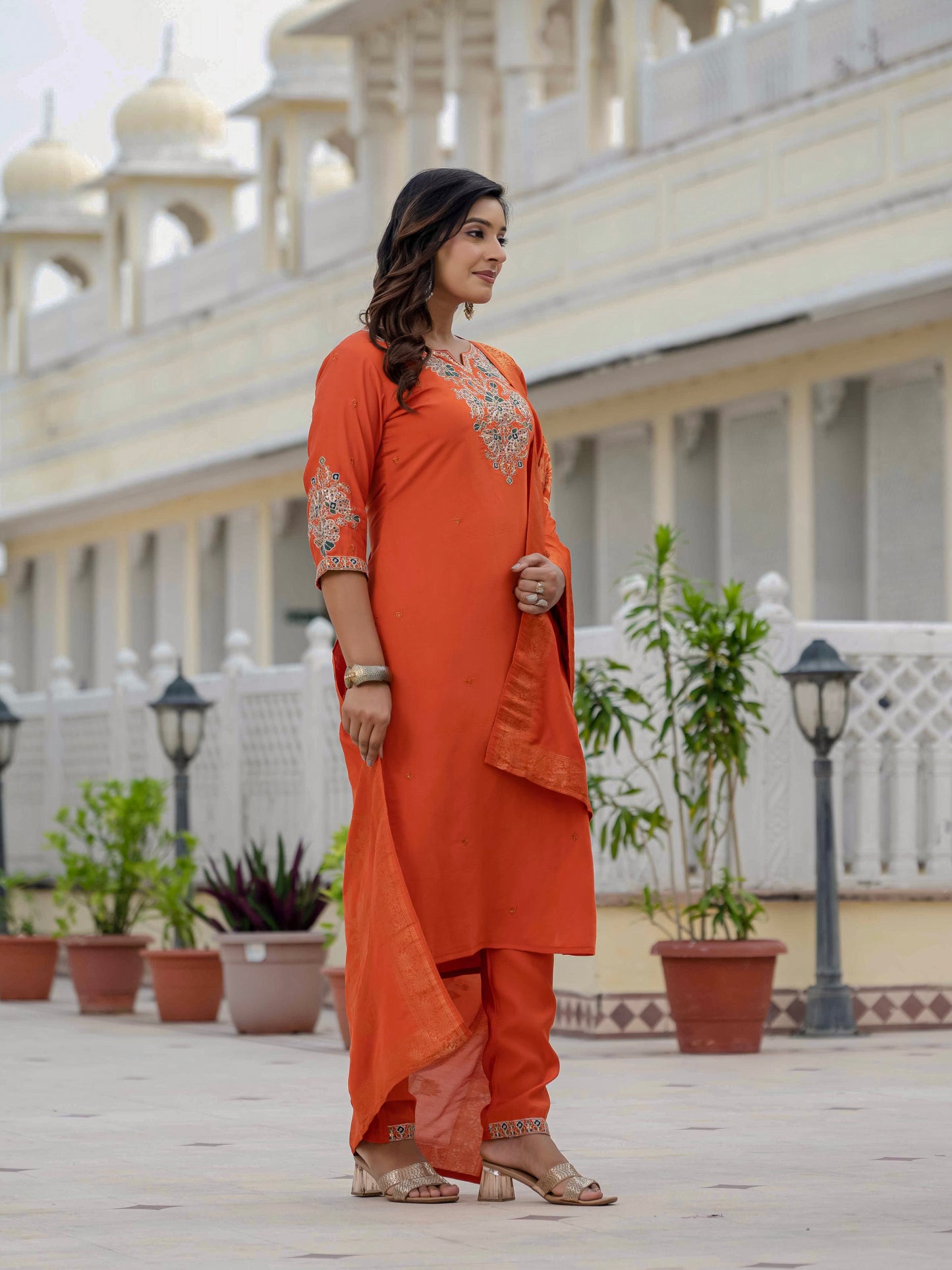 Premium Roman Silk orange colour  kurti