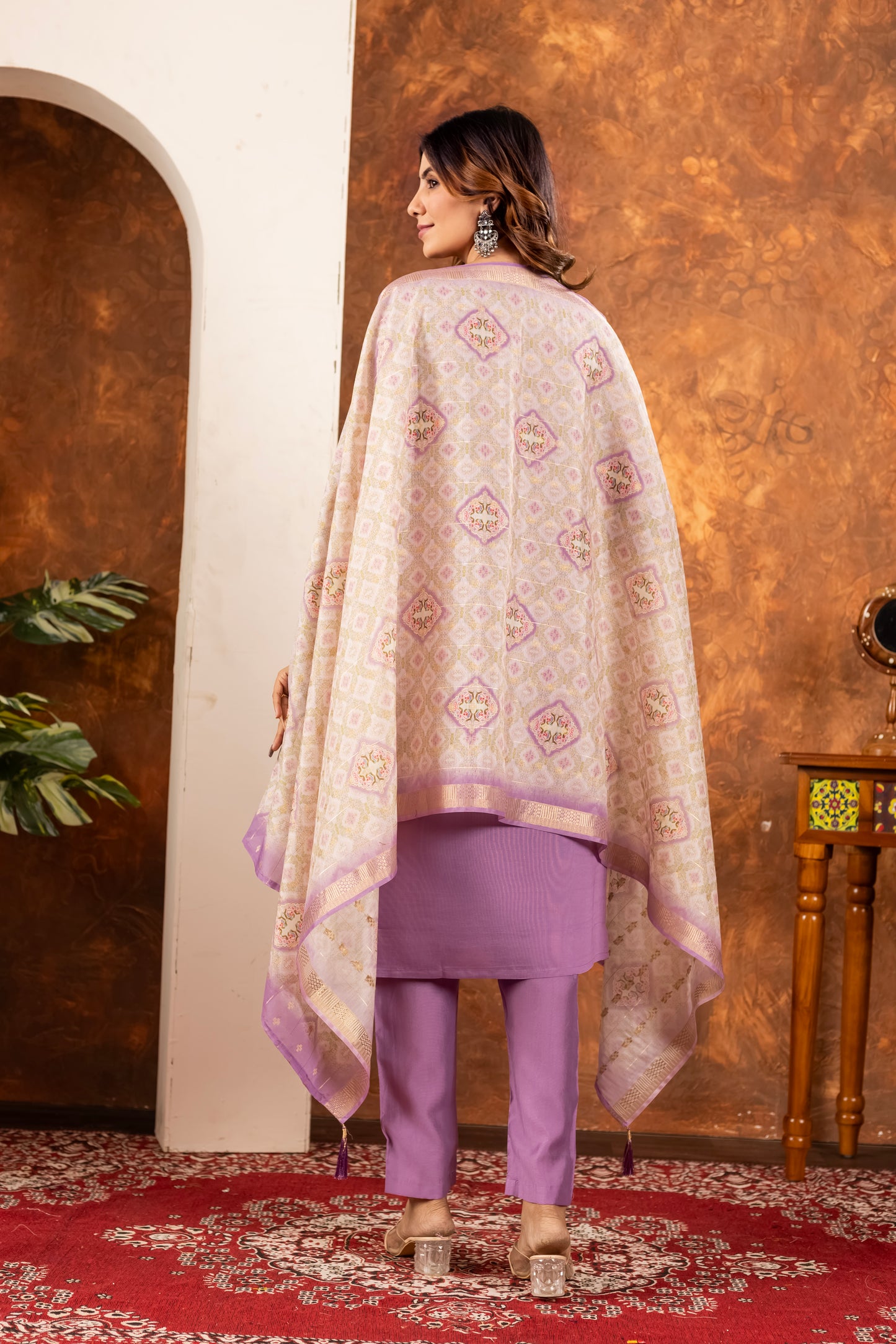Elegant Straight Kurti Pant Dupatta Set Marina Silk Lavender colour