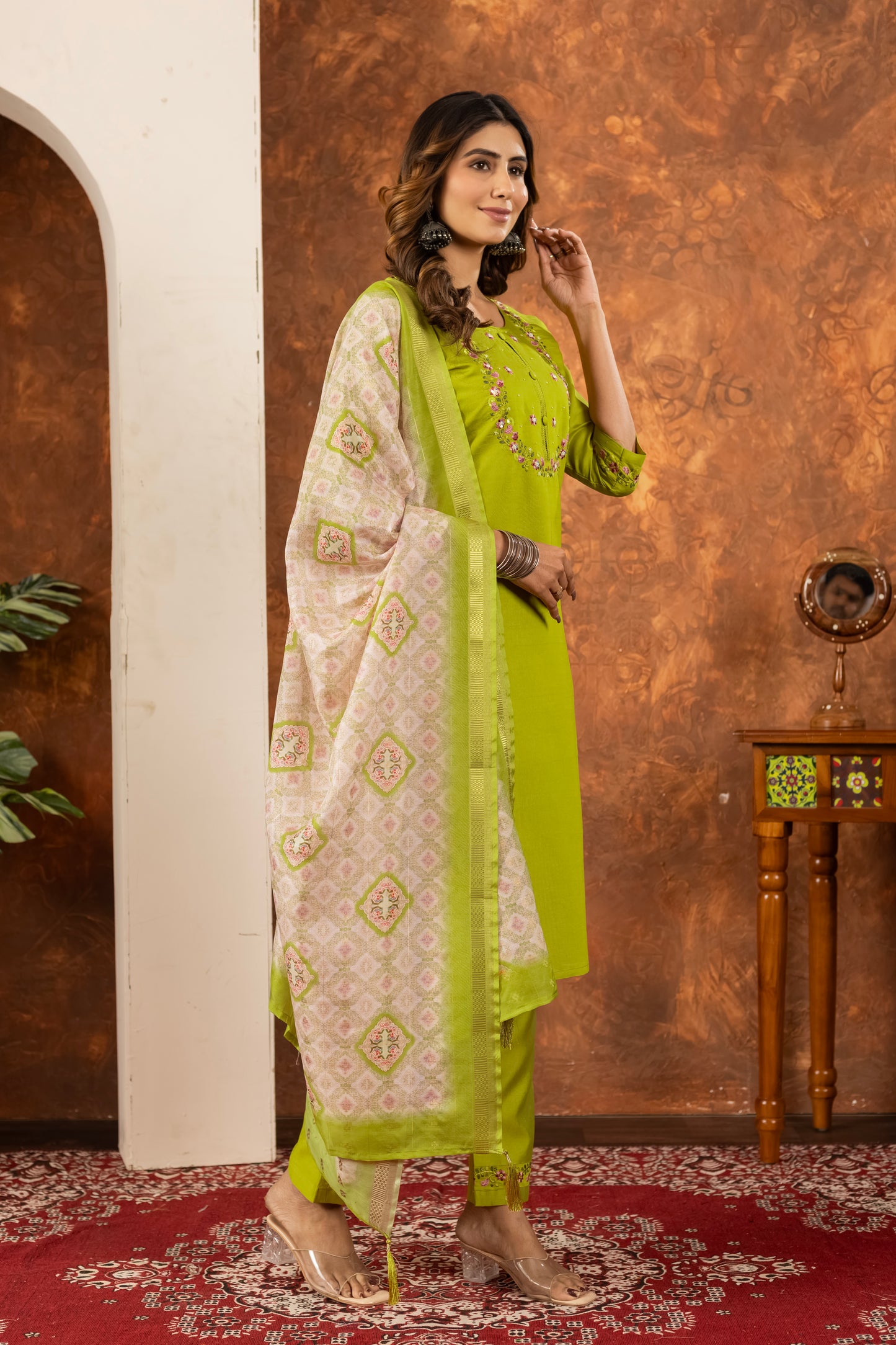 Elegant Straight Kurti Pant Dupatta Set Marina Silk Perot green colour