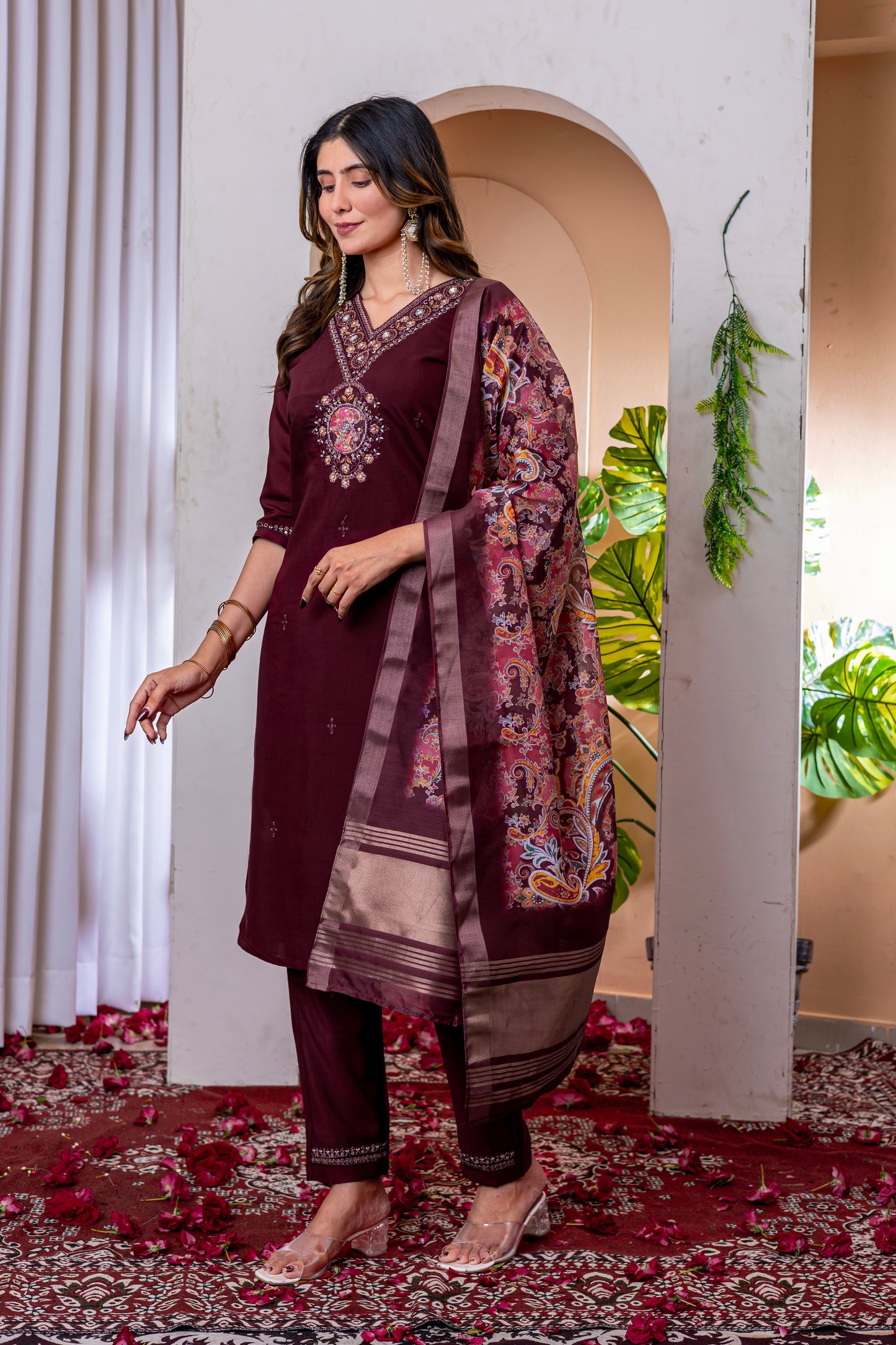 Marina Viscose Silk Wine Colour Elegant Straight Kurti Pant Dupatta Set