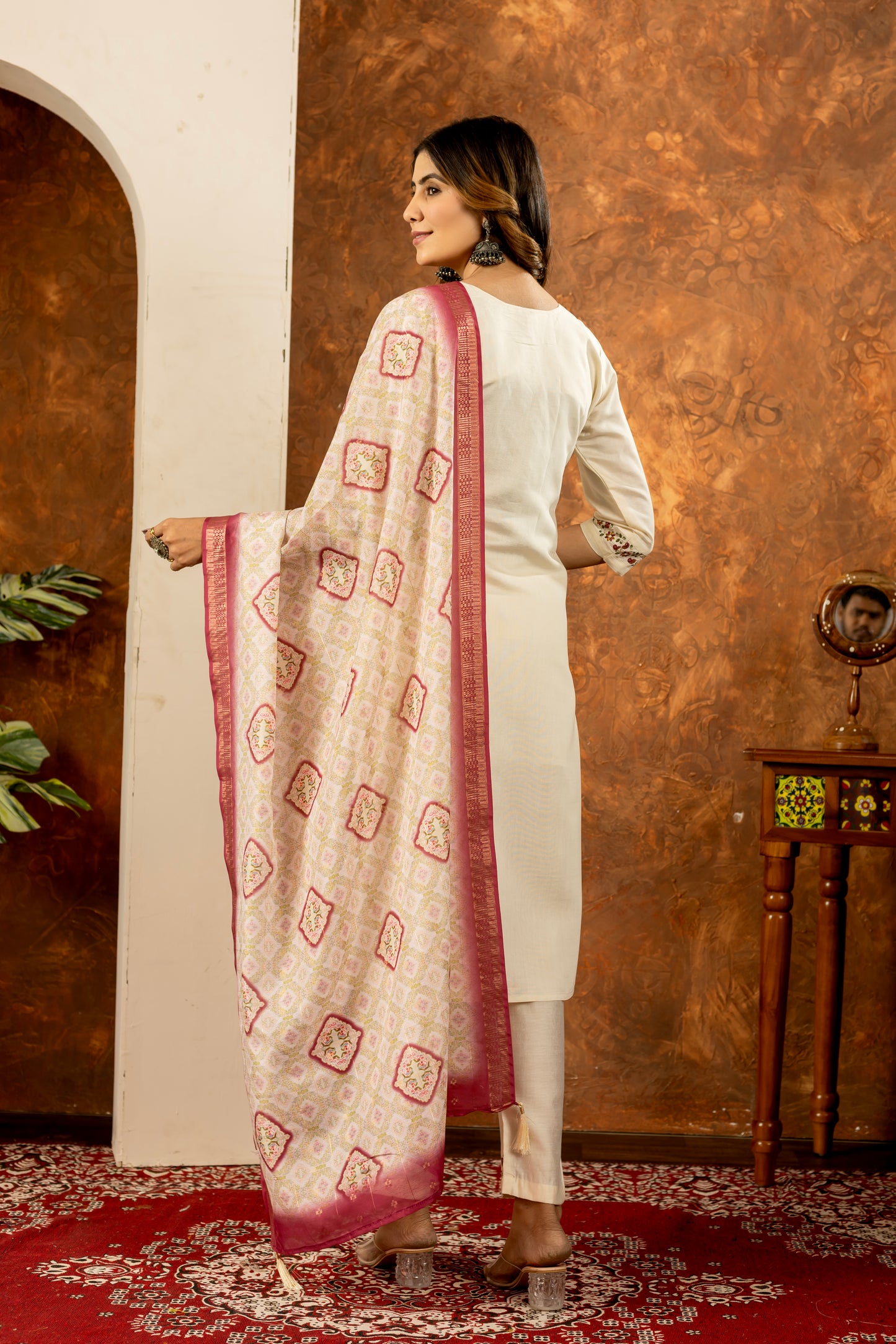 Elegant Straight Kurti Pant Dupatta Set Marina Silk Off White colour