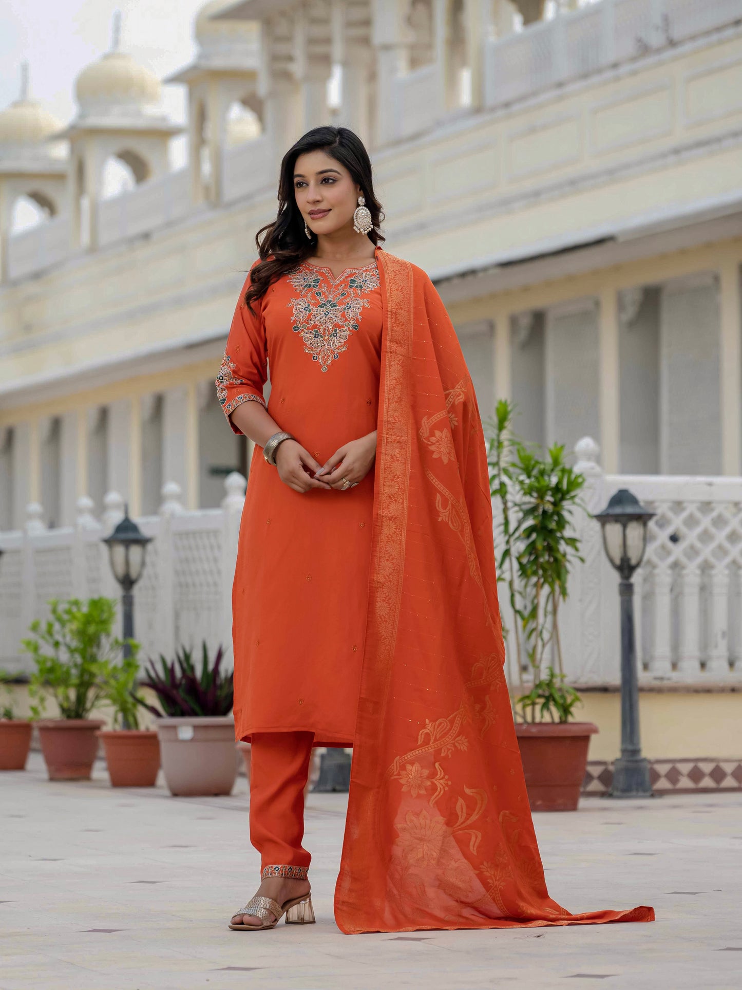 Premium Roman Silk orange colour  kurti