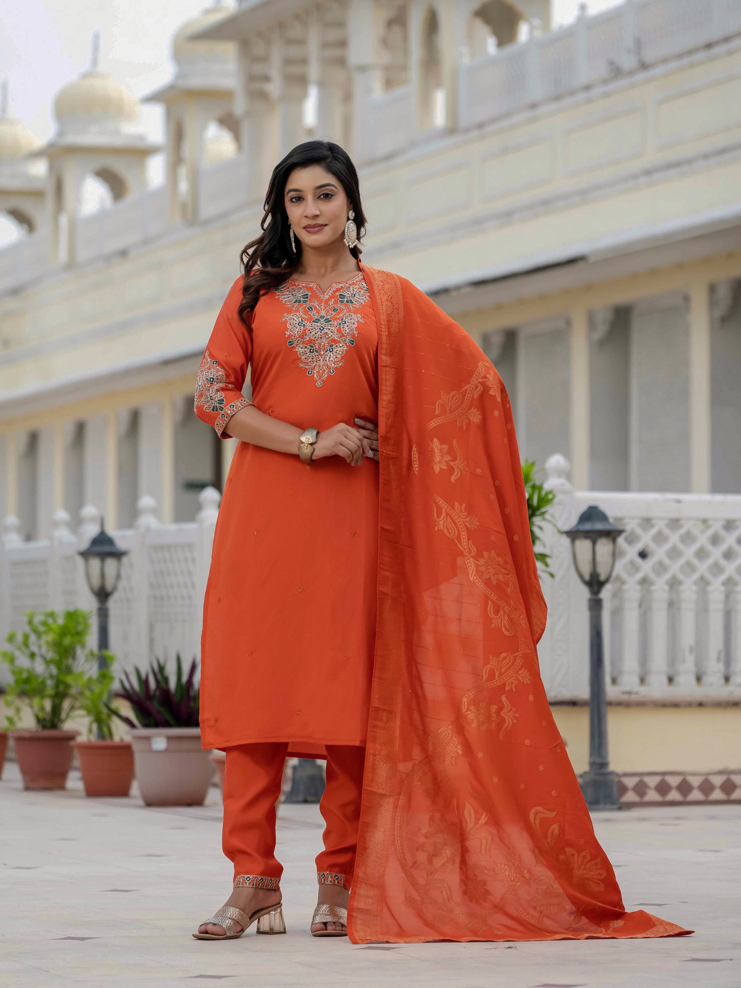 Premium Roman Silk orange colour  kurti