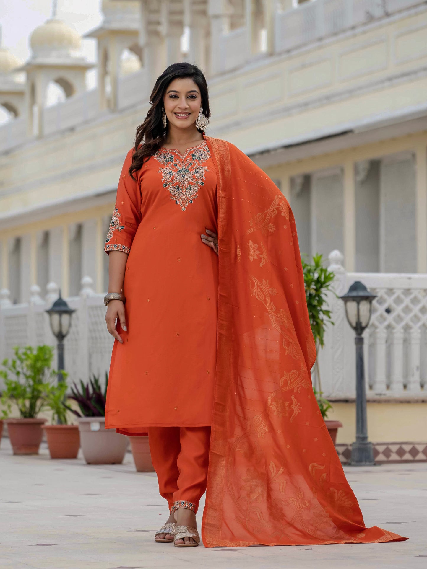 Premium Roman Silk orange colour  kurti