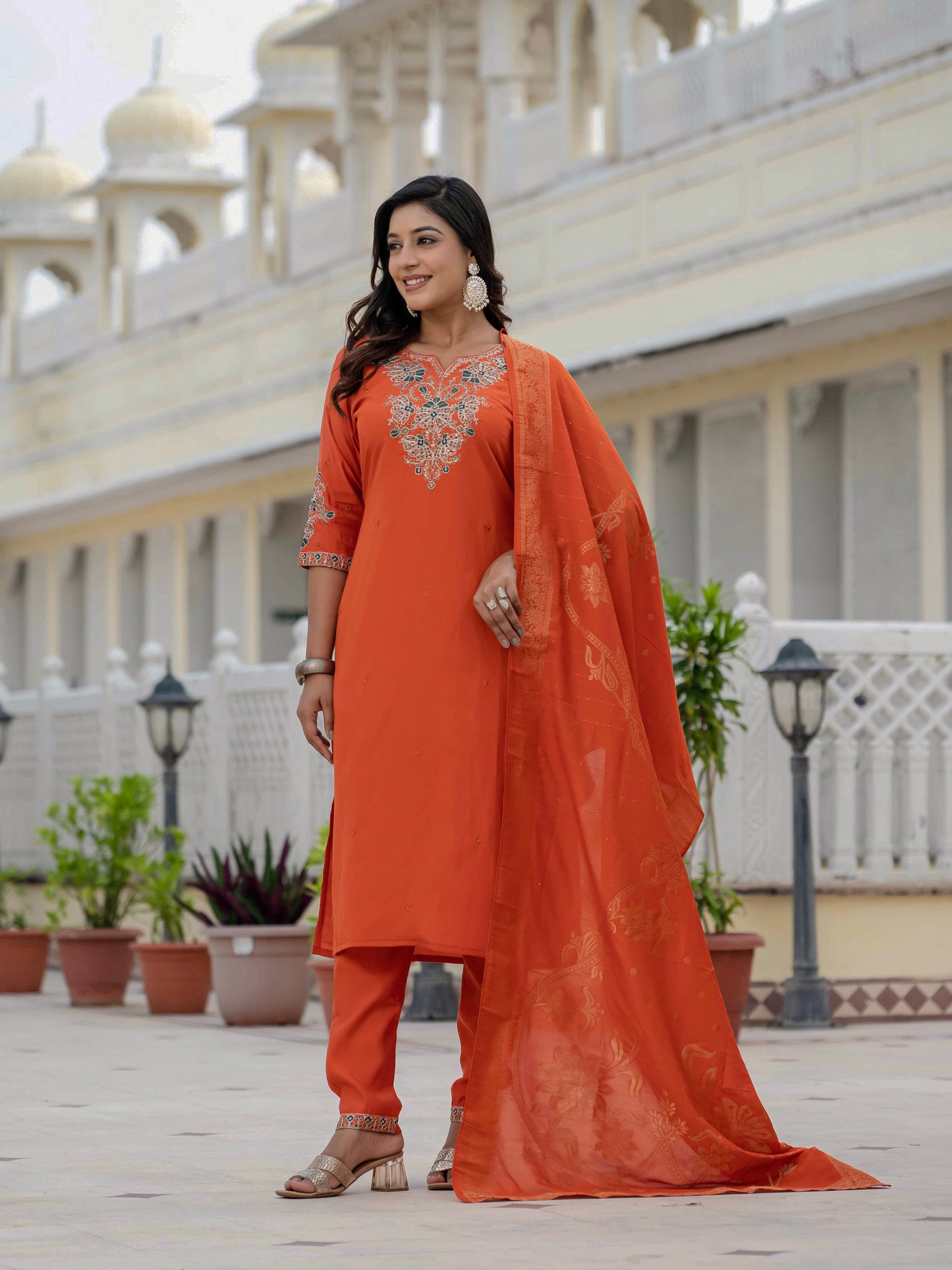 Premium Roman Silk orange colour  kurti