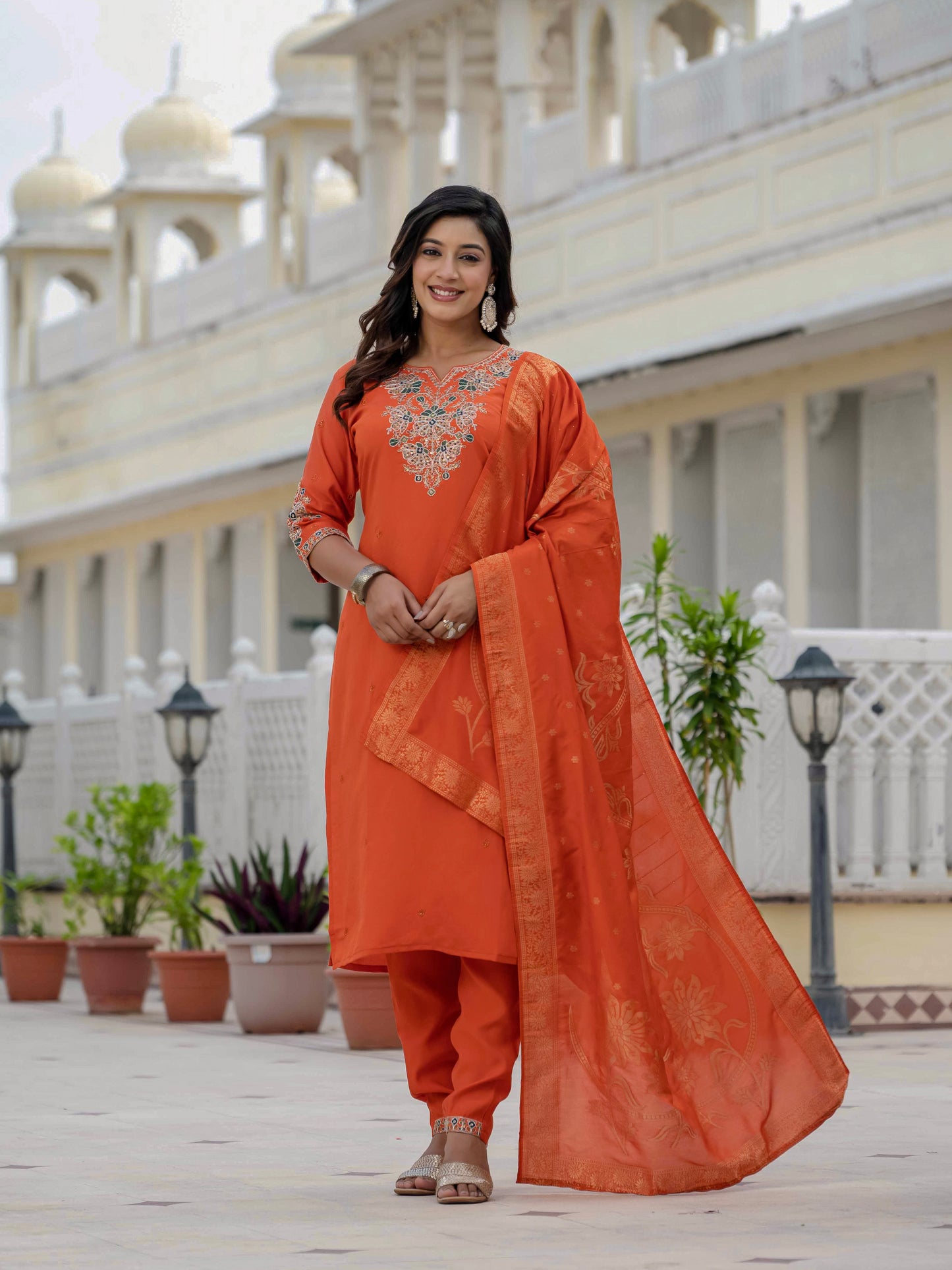 Premium Roman Silk orange colour  kurti