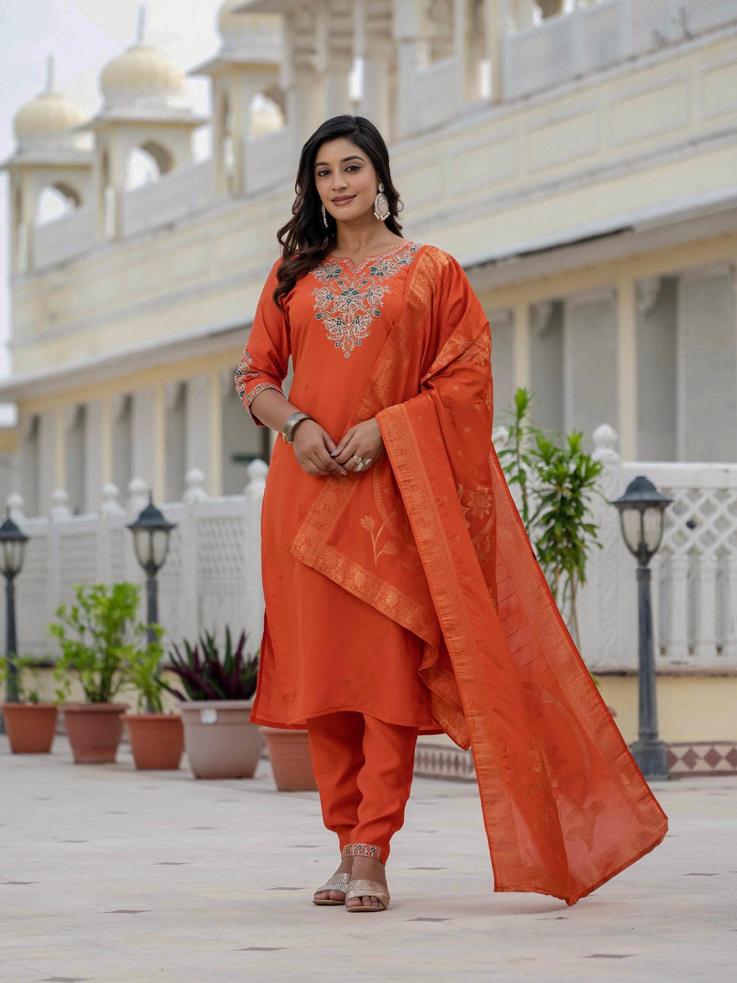 Premium Roman Silk orange colour  kurti