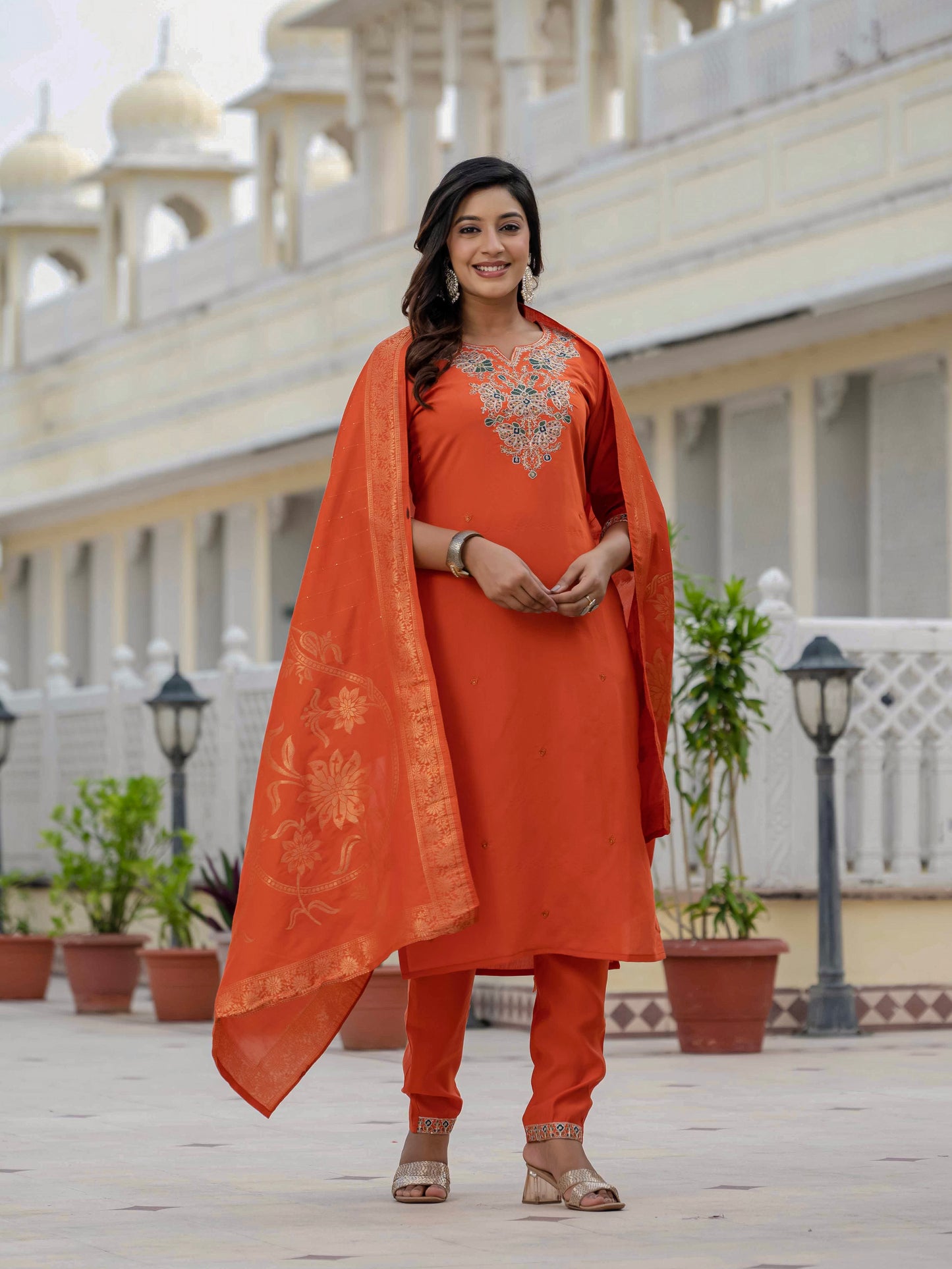Premium Roman Silk orange colour  kurti
