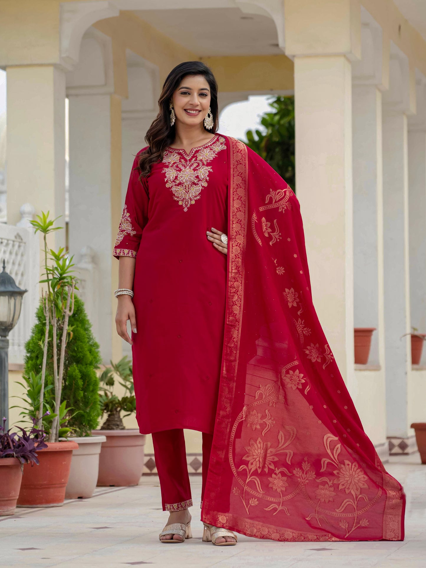 Premium Roman Silk maroon  Kurti