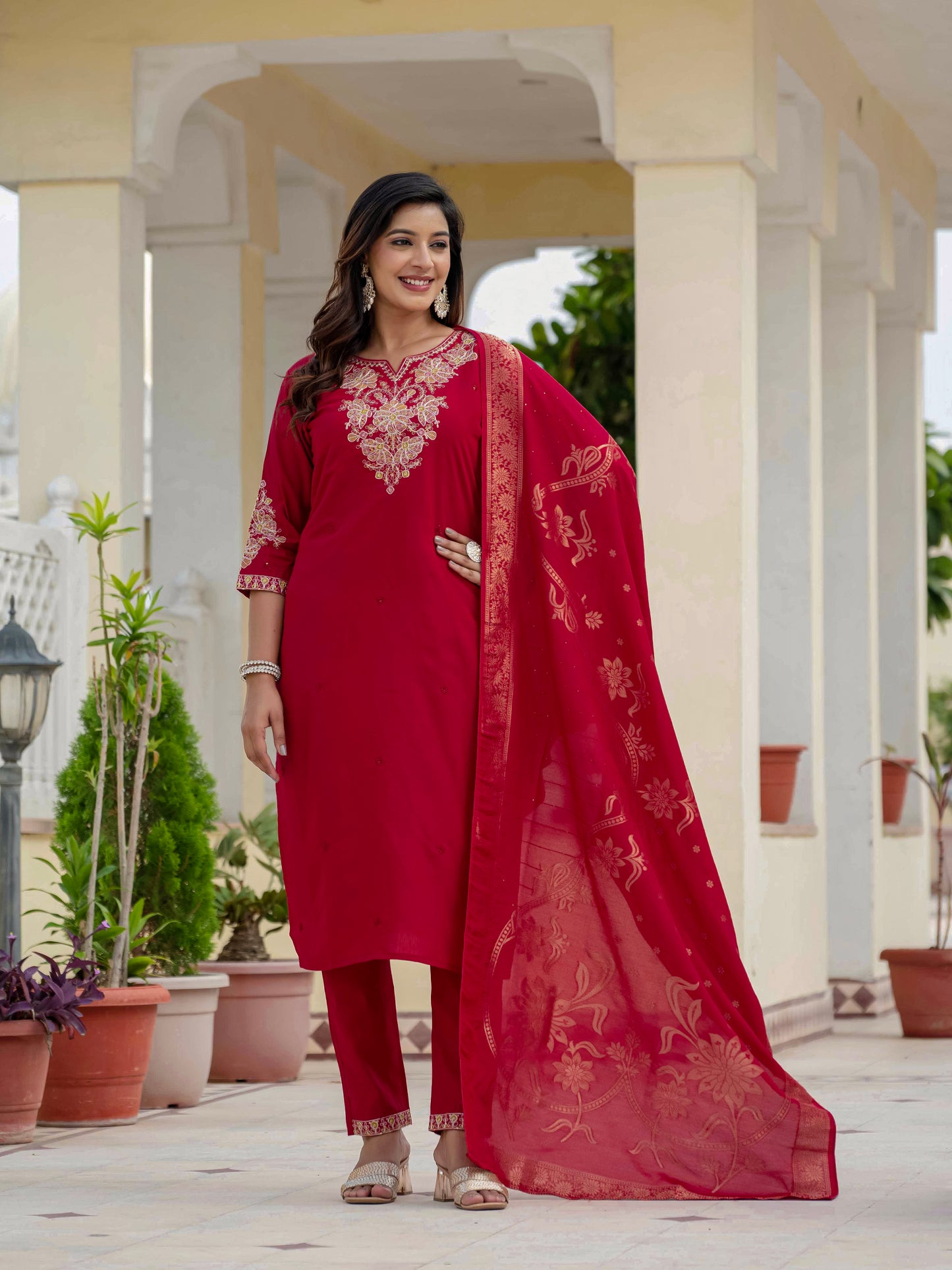 Premium Roman Silk maroon  Kurti