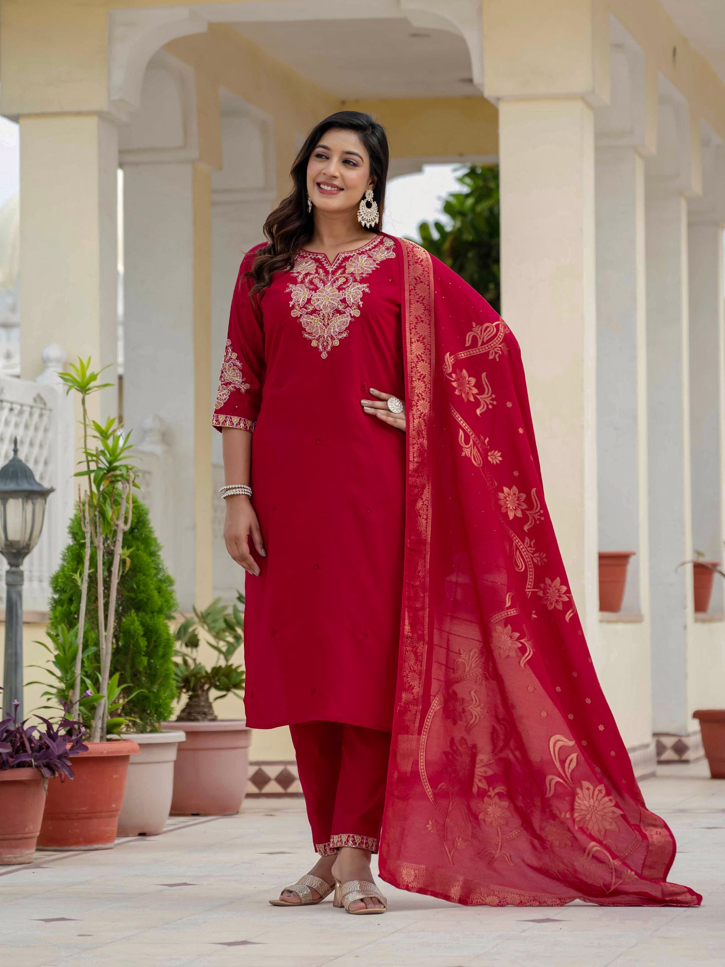 Premium Roman Silk maroon  Kurti
