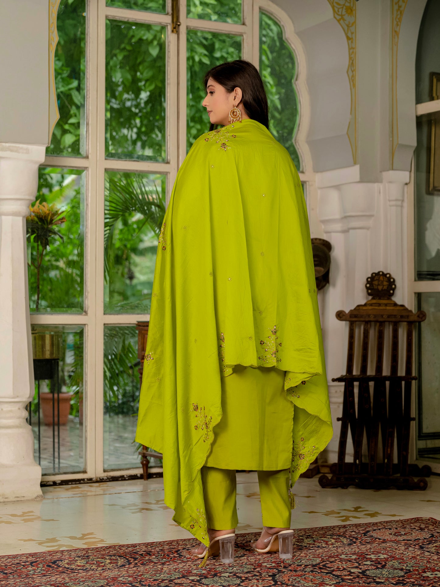 Marina Silk  Parrot Green Colour Elegant Straight Kurti Pant Dupatta Set