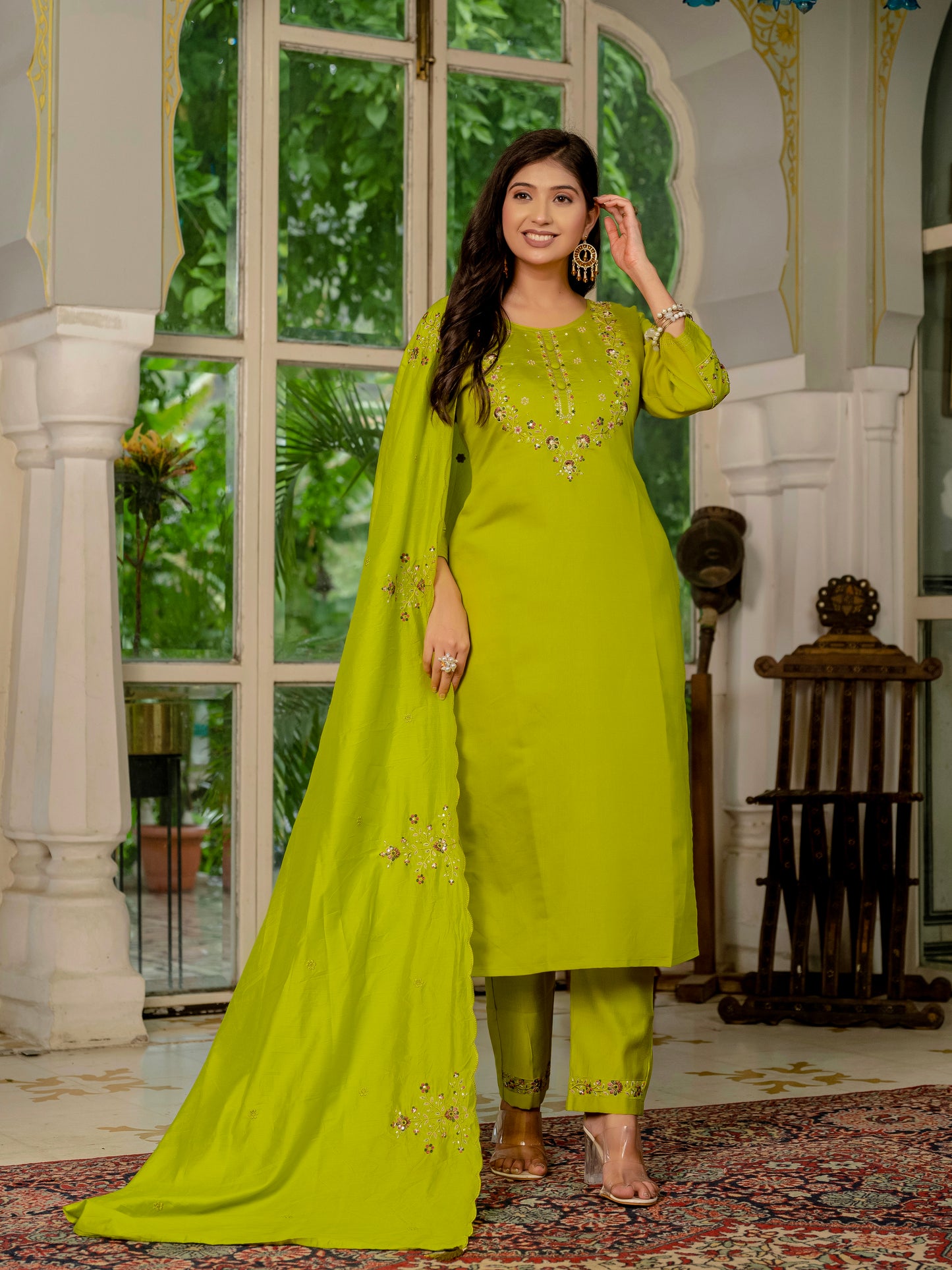 Marina Silk  Parrot Green Colour Elegant Straight Kurti Pant Dupatta Set