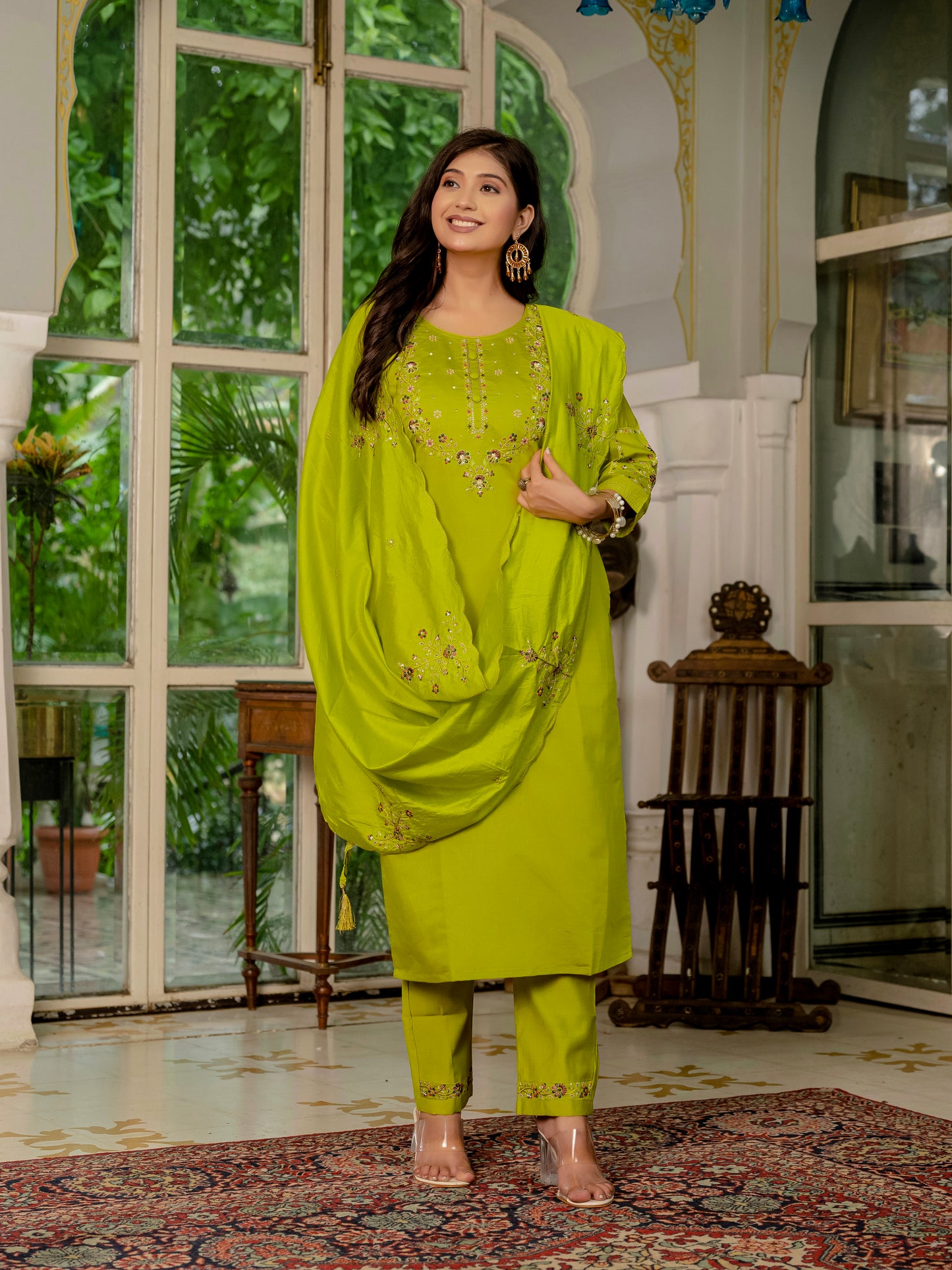 Marina Silk  Parrot Green Colour Elegant Straight Kurti Pant Dupatta Set